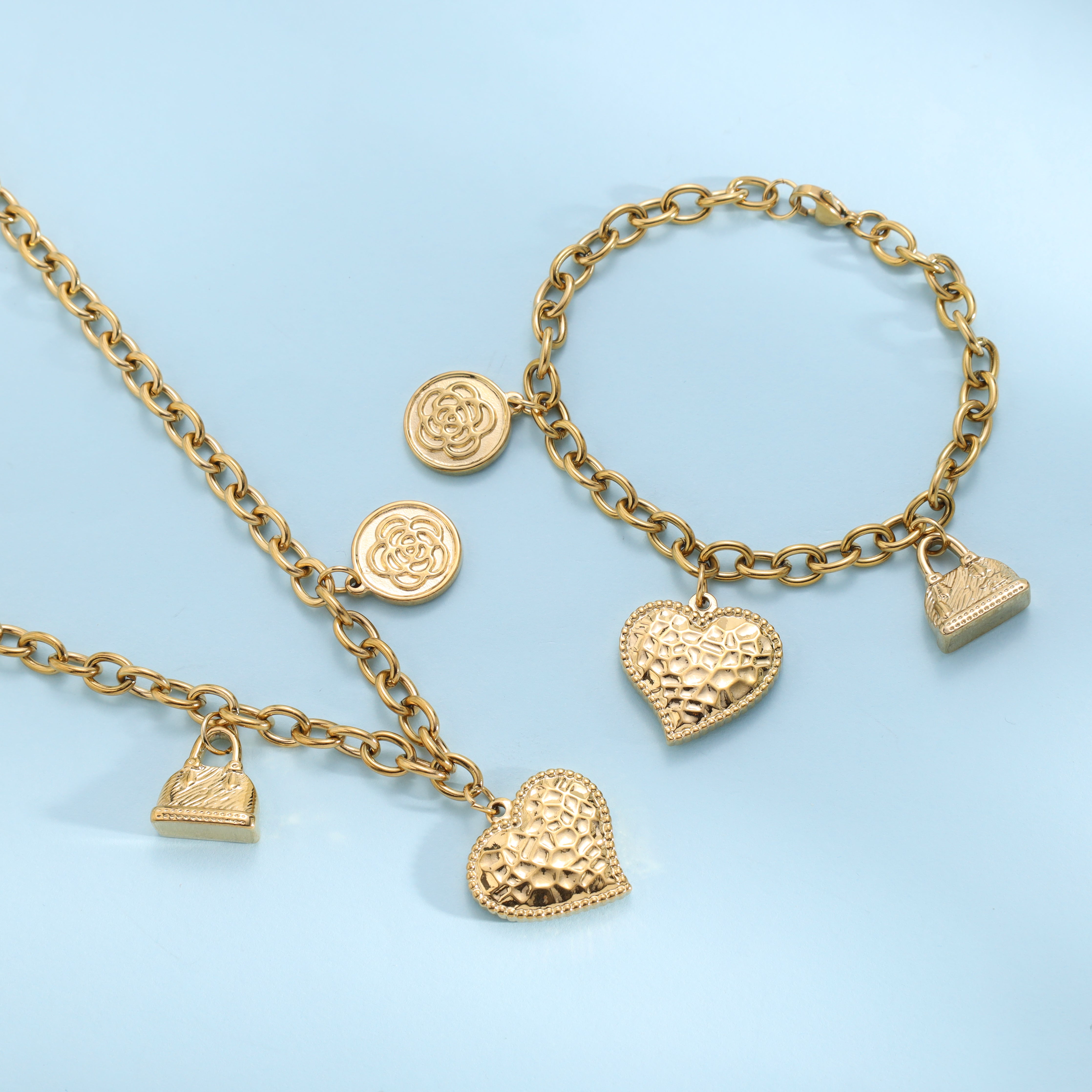 Damen SET Ankerkette + armbander mit hertz anhanger 6mm aus Edelstahl 18K Vergoldet - Taipan Schmuck