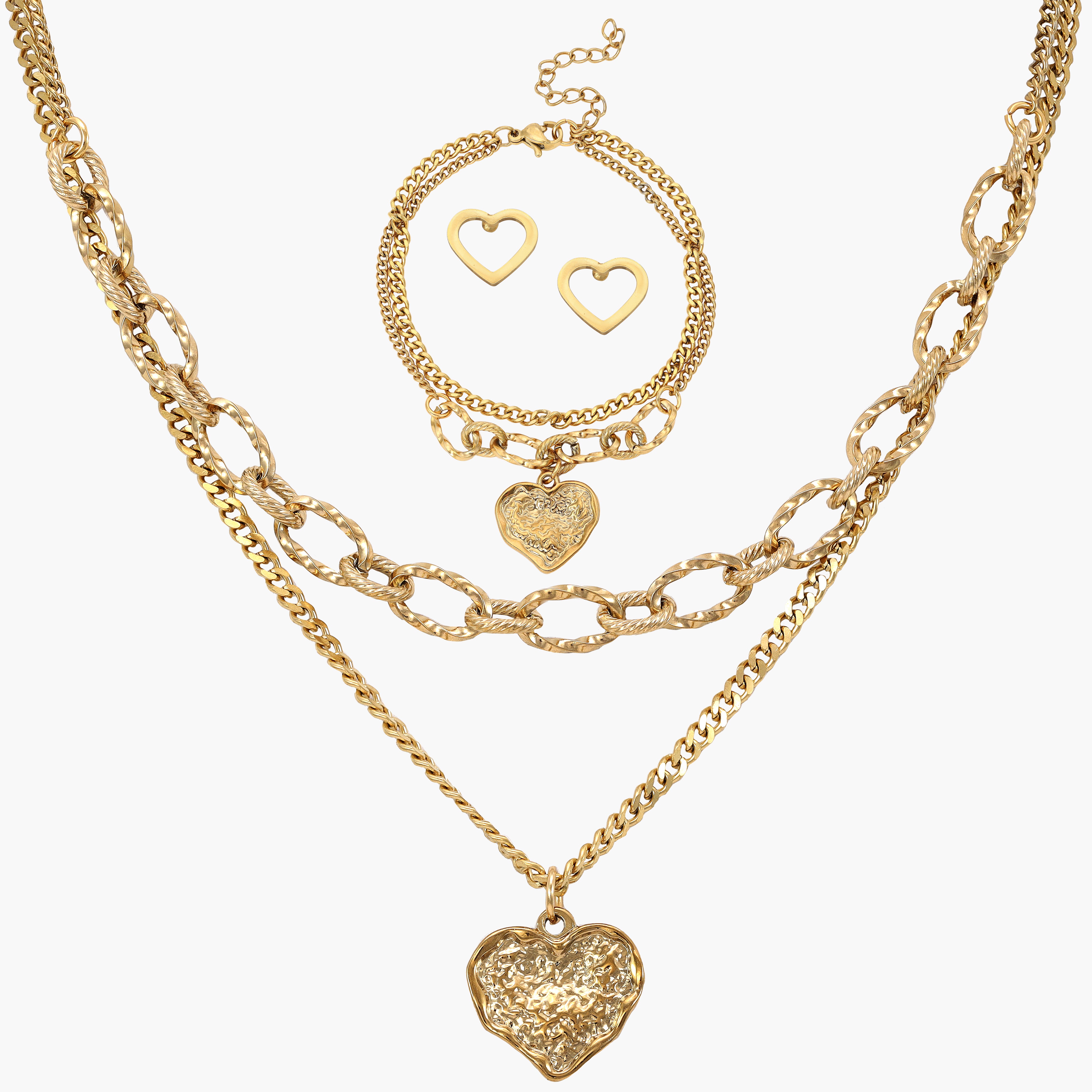 Damen SET Panzerkette + Armbander + Ohrringe mit hertz Anhänger aus Edelstahl 18K Vergoldet - Taipan Schmuck