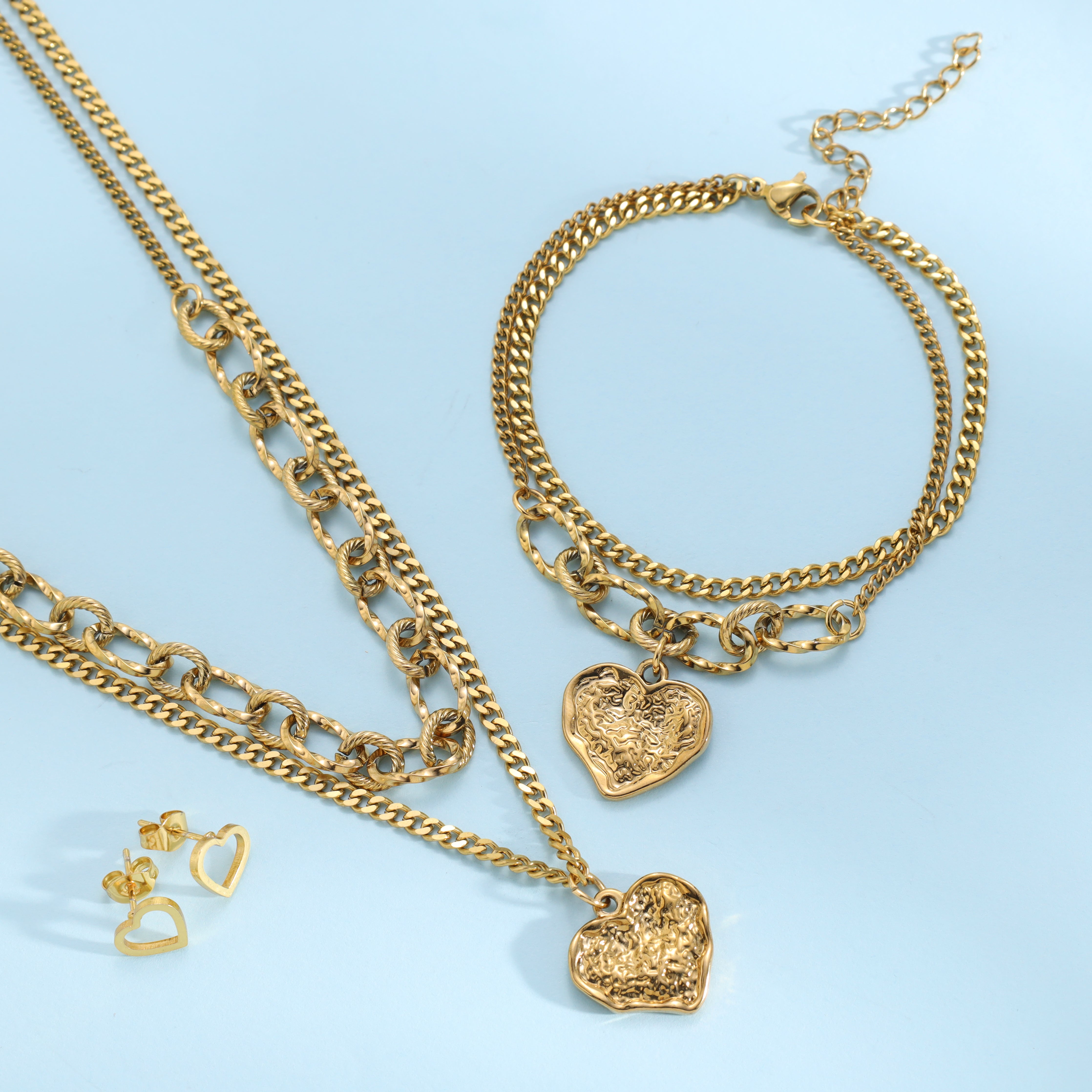 Damen SET Panzerkette + Armbander + Ohrringe mit hertz Anhänger aus Edelstahl 18K Vergoldet - Taipan Schmuck