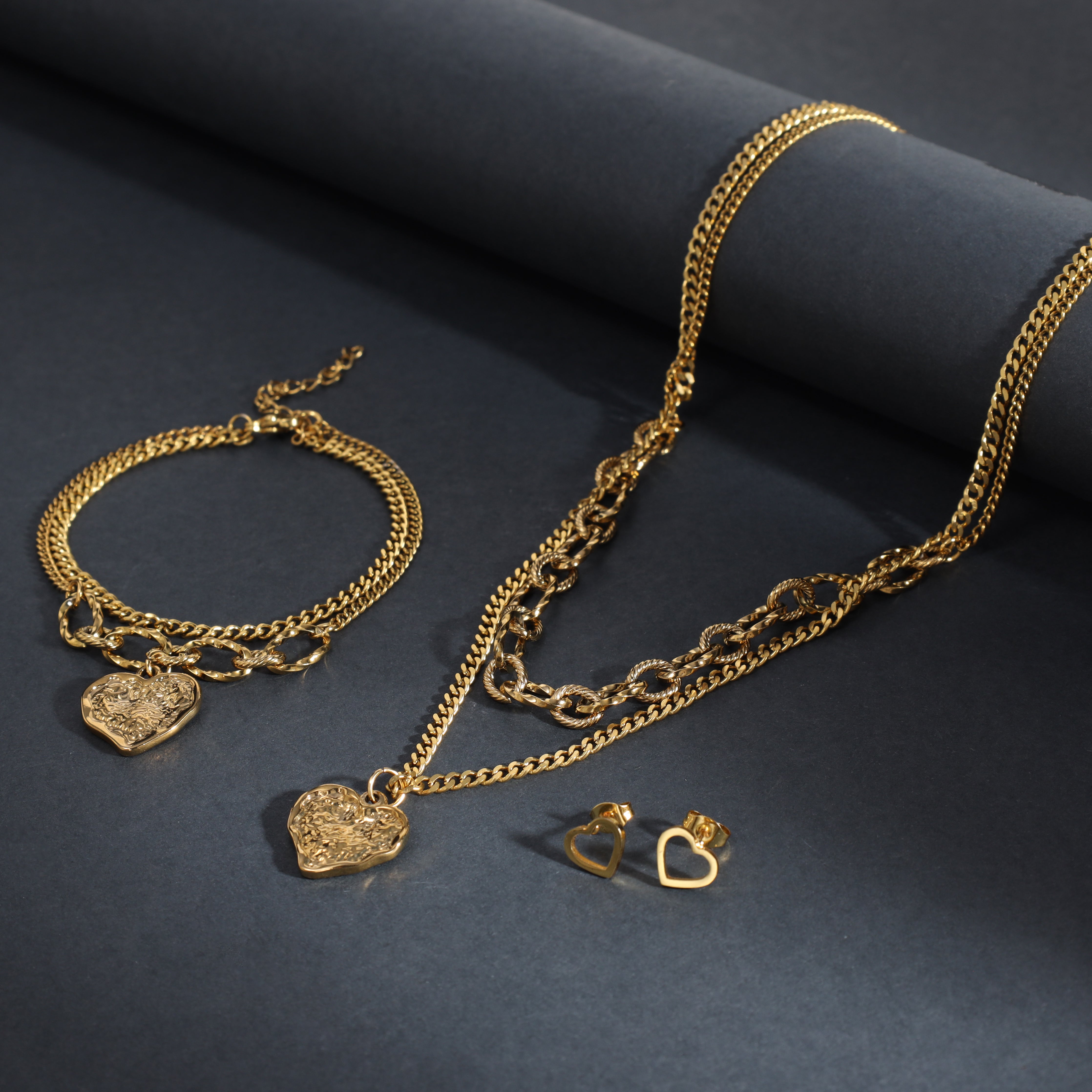 Damen SET Panzerkette + Armbander + Ohrringe mit hertz Anhänger aus Edelstahl 18K Vergoldet - Taipan Schmuck