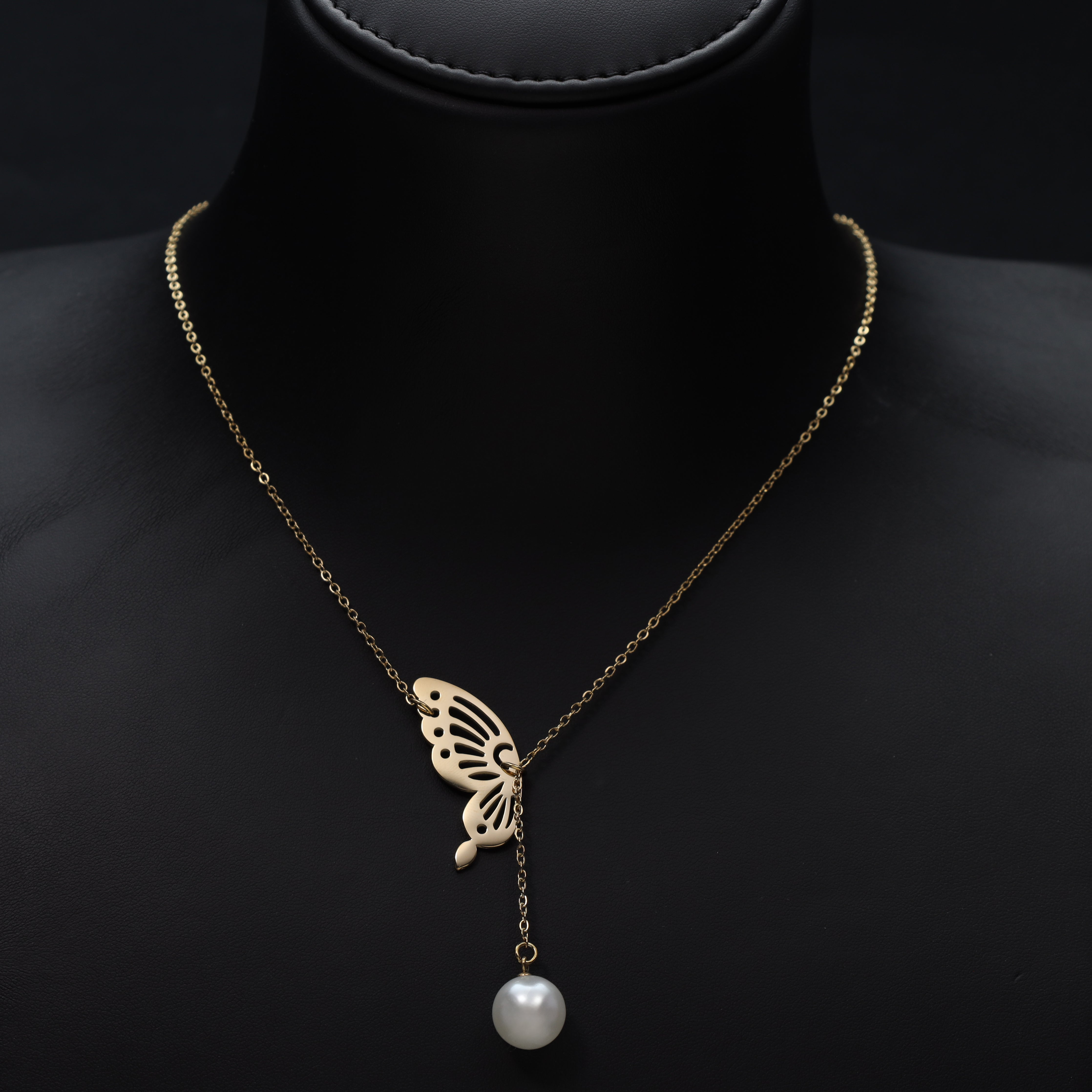 Damen Ankerkette mit Schmetterling & Pearl 1mm aus Edelstahl 18K Vergoldet - Taipan Schmuck