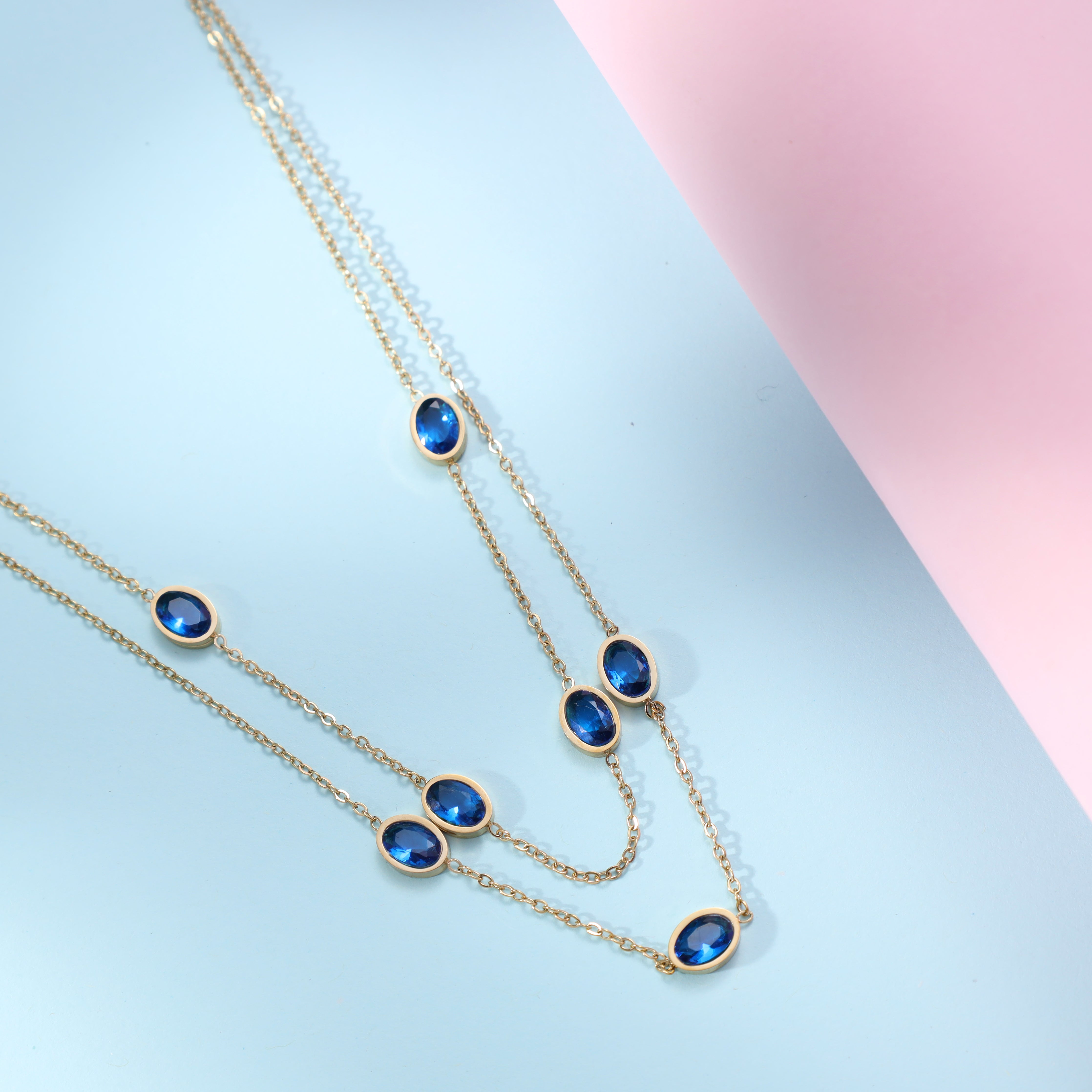 Layering Damen Ankerkette mit saphir aus Edelstahl 18K Vergoldet - Taipan Schmuck