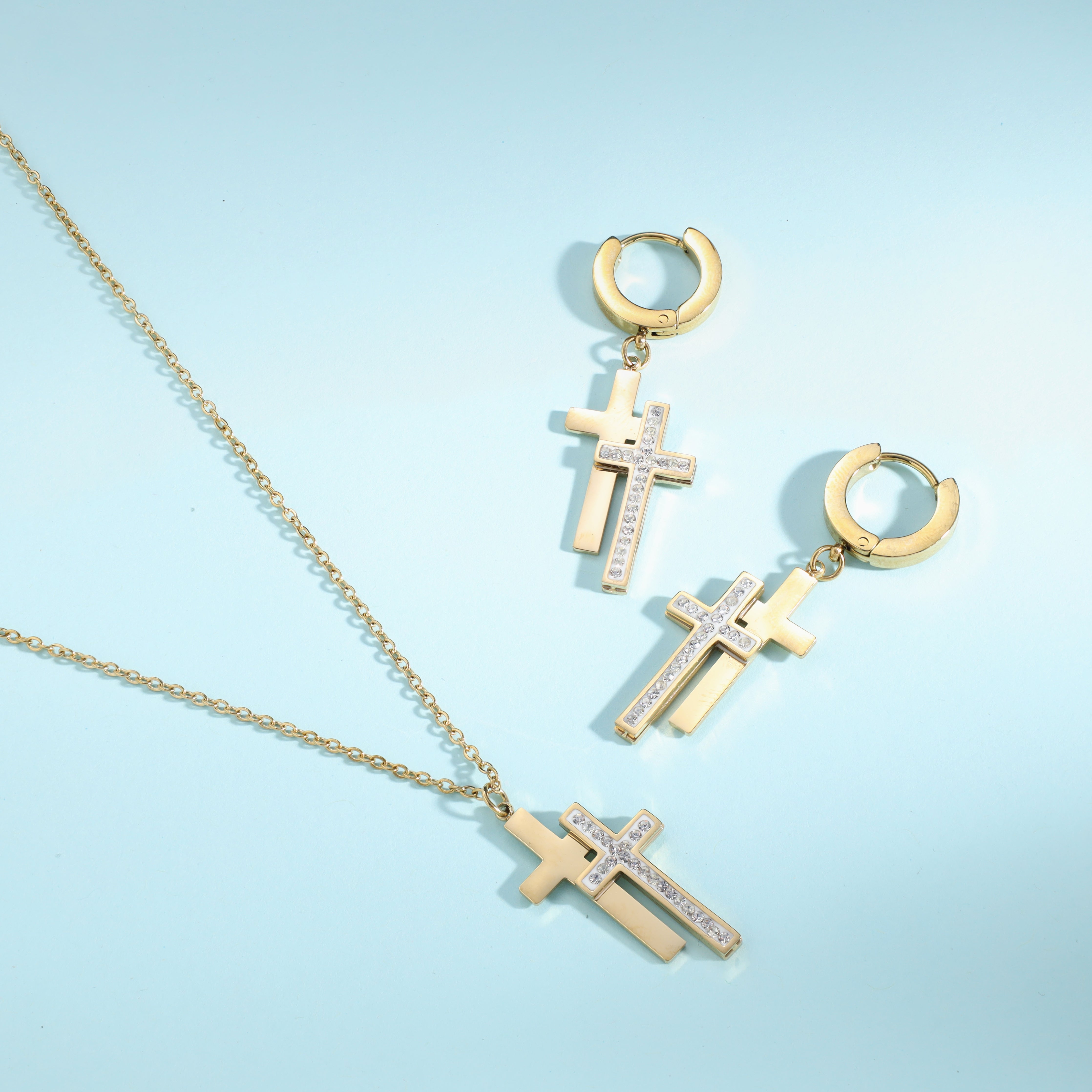Damen Set Kreuz Halskette and ohrringe aus Edelstahl 18K Vergoldet - Taipan Schmuck