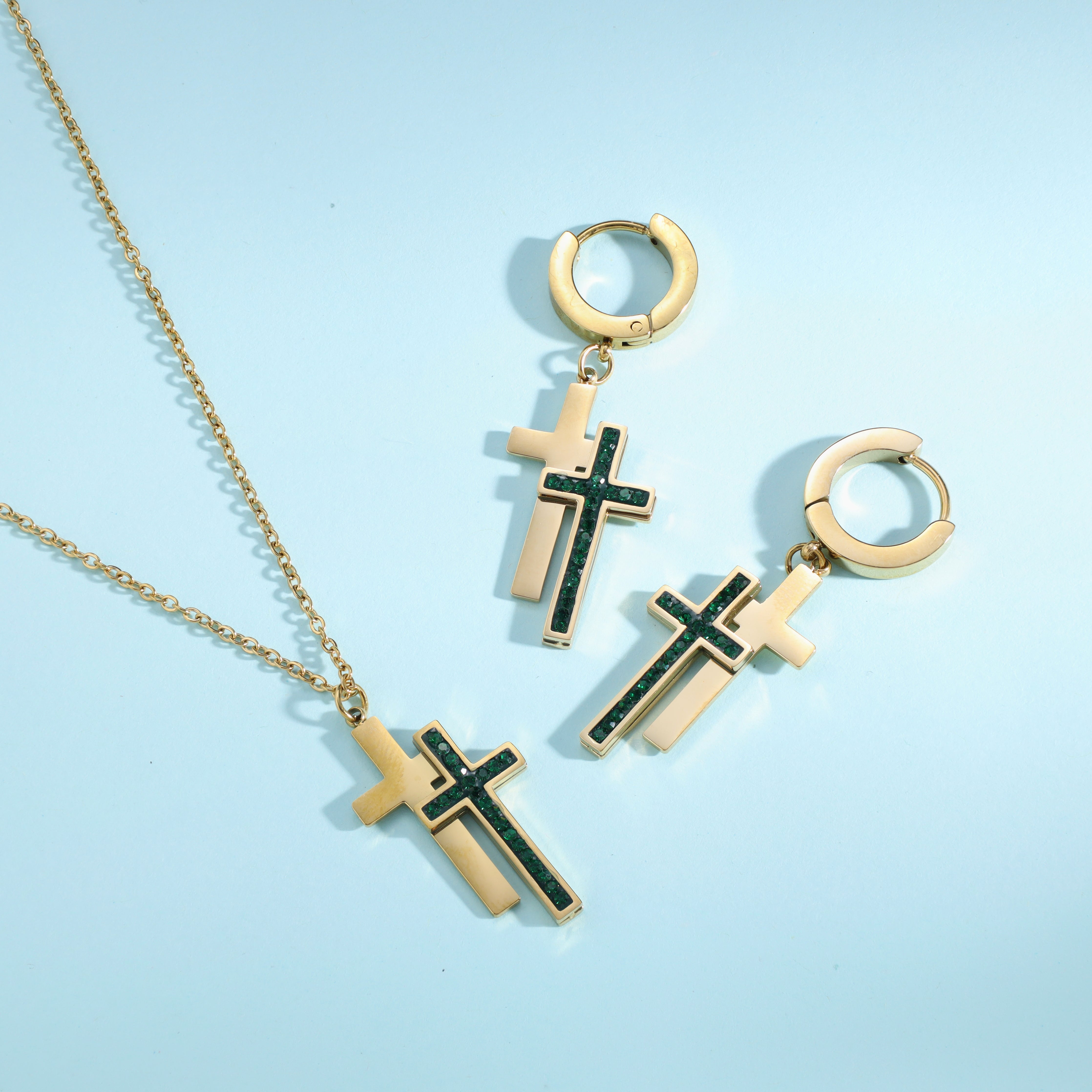 Damen Set Kreuz Halskette and ohrringe aus Edelstahl 18K Vergoldet - Taipan Schmuck