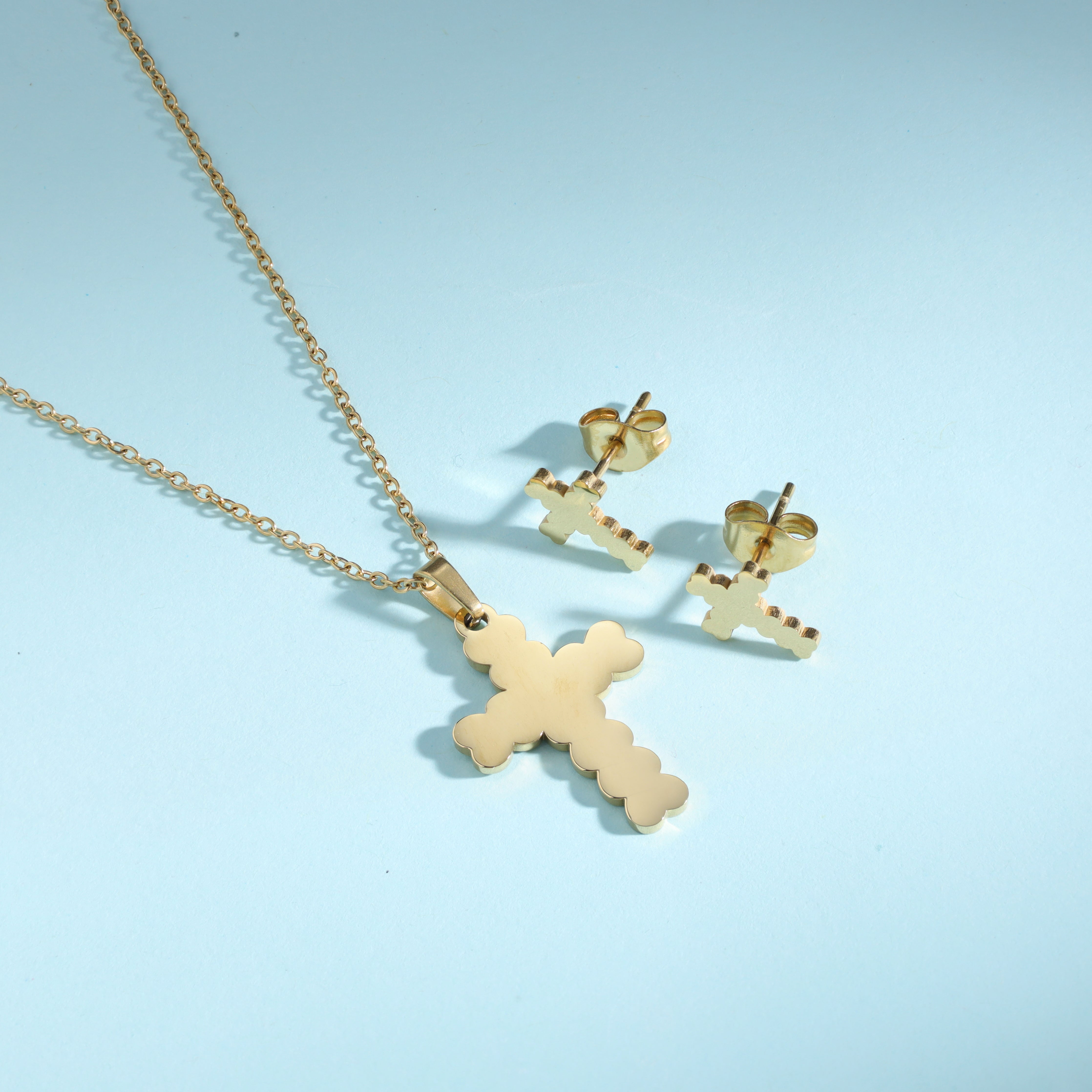 Damen Set Kreuz Halskette and ohrringe aus Edelstahl 18K Vergoldet - Taipan Schmuck