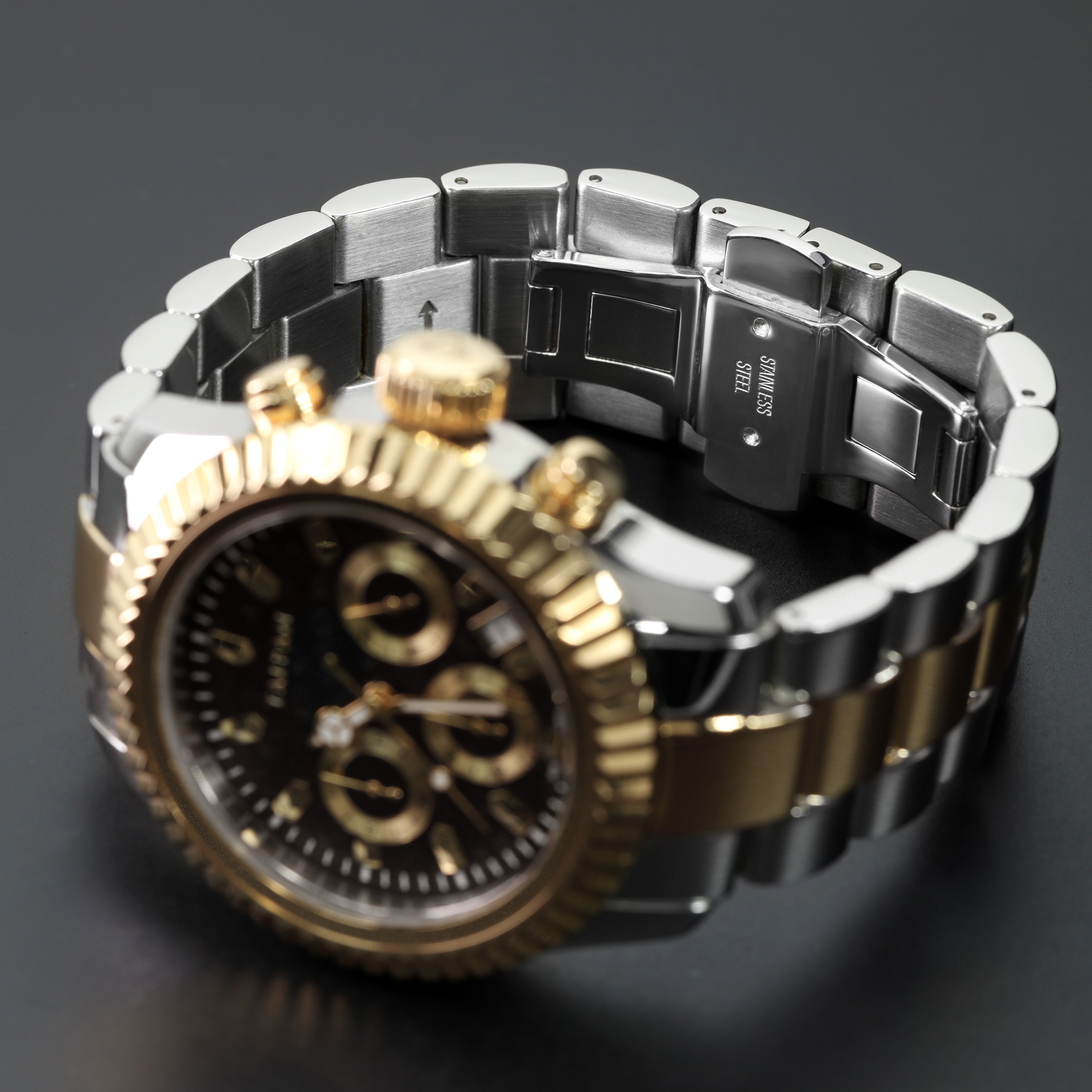 Armbanduhr Chronograph TWO TONE mit 3 Lünetten iced out, geriffelt, plain - Taipan Schmuck