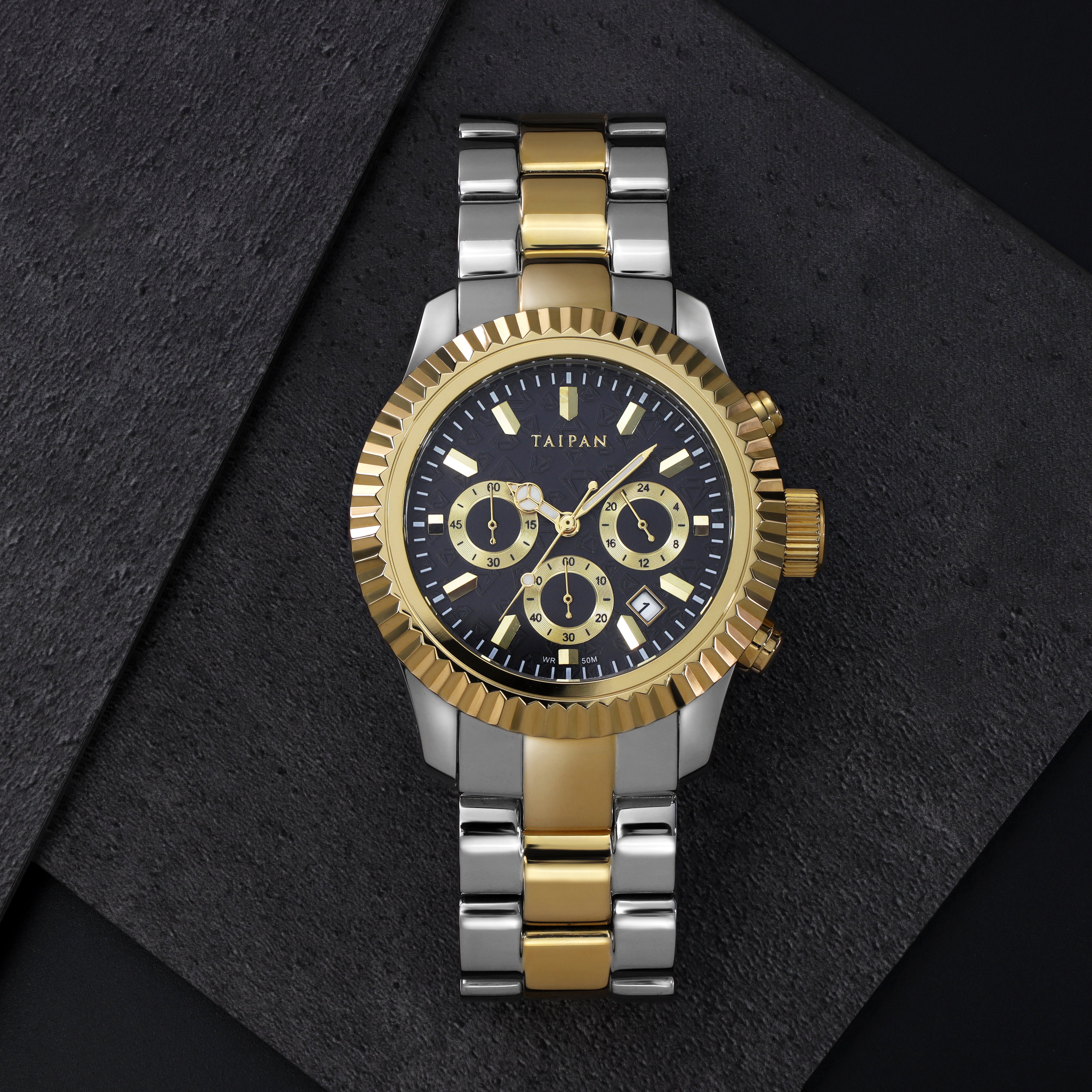 Armbanduhr Chronograph TWO TONE mit 3 Lünetten iced out, geriffelt, plain - Taipan Schmuck