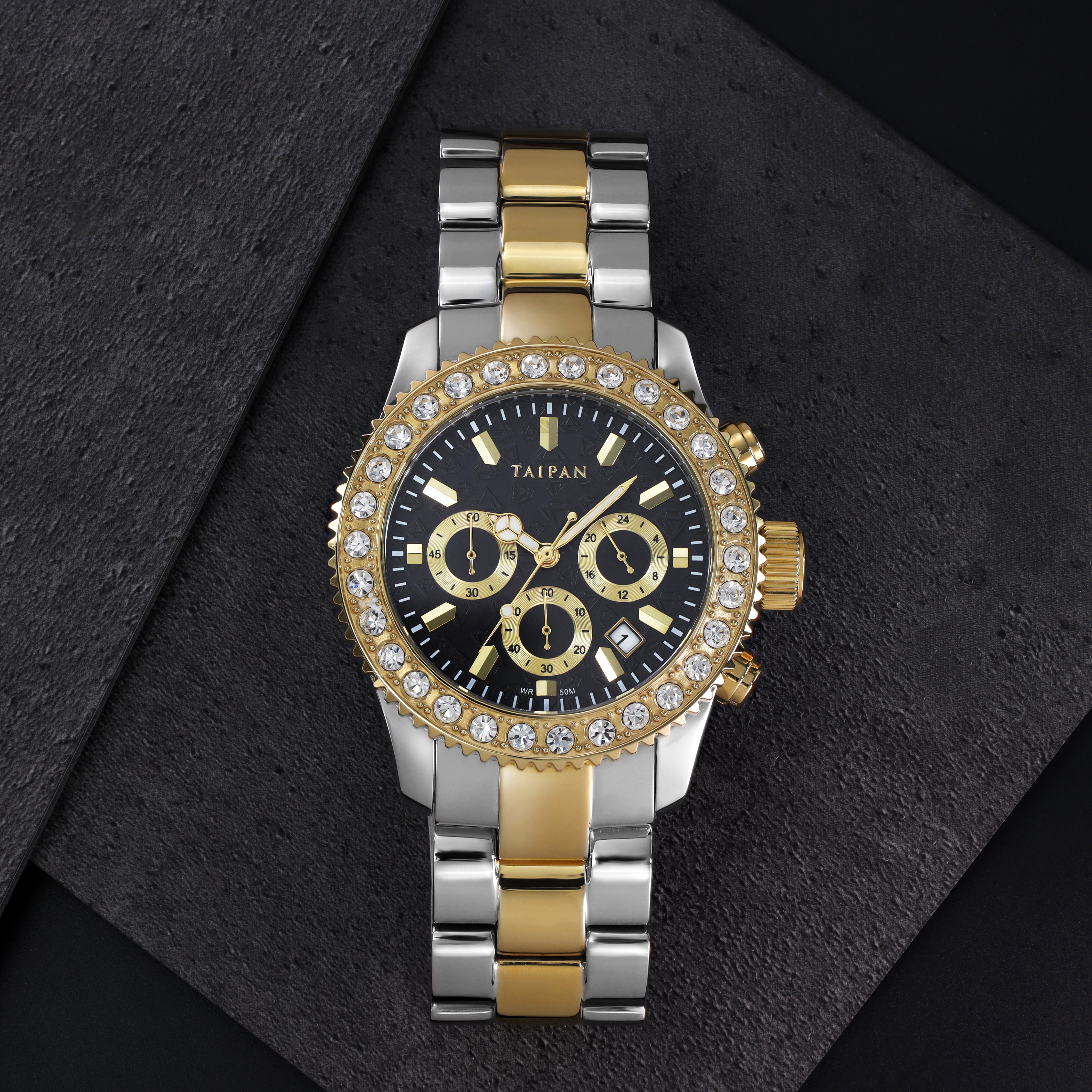 Armbanduhr Chronograph TWO TONE mit 3 Lünetten iced out, geriffelt, plain - Taipan Schmuck