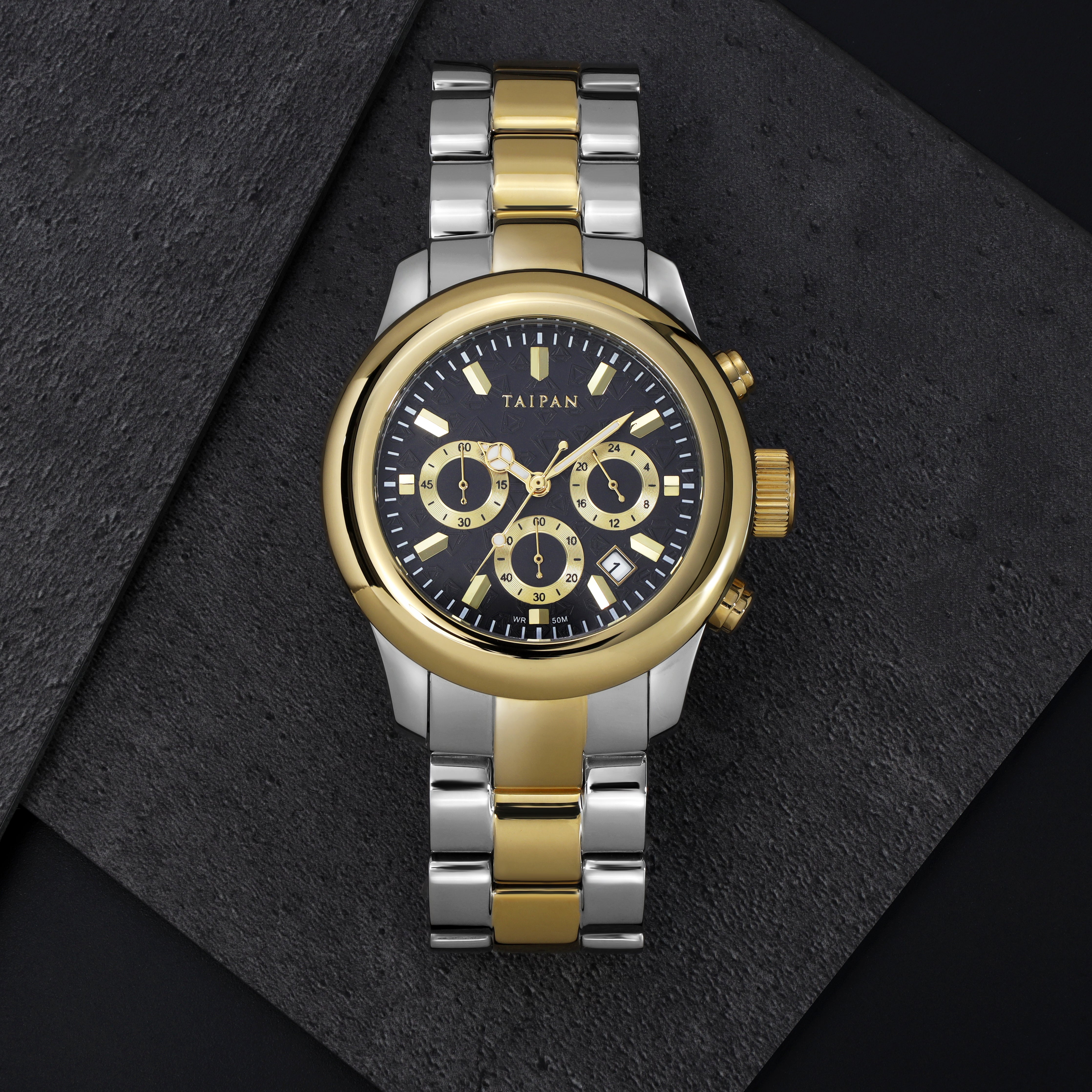 Armbanduhr Chronograph TWO TONE mit 3 Lünetten iced out, geriffelt, plain - Taipan Schmuck