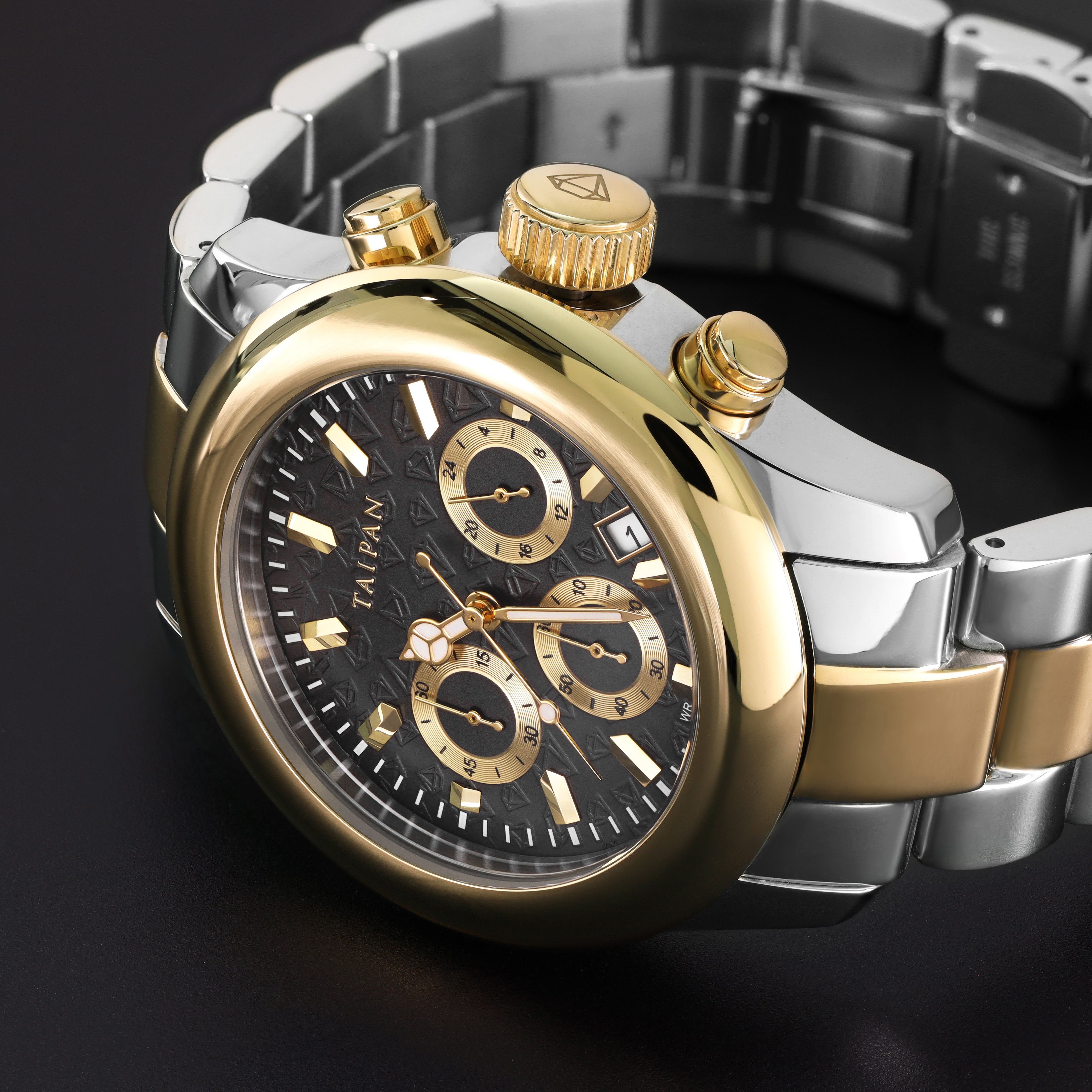 Armbanduhr Chronograph TWO TONE mit 3 Lünetten iced out, geriffelt, plain - Taipan Schmuck