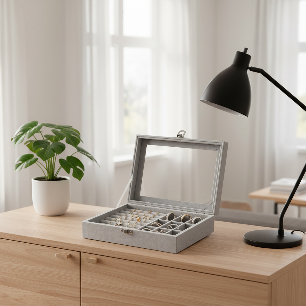 Geöffnete hellgraue Schmuckbox mit Schmuck im modernen Haushalt