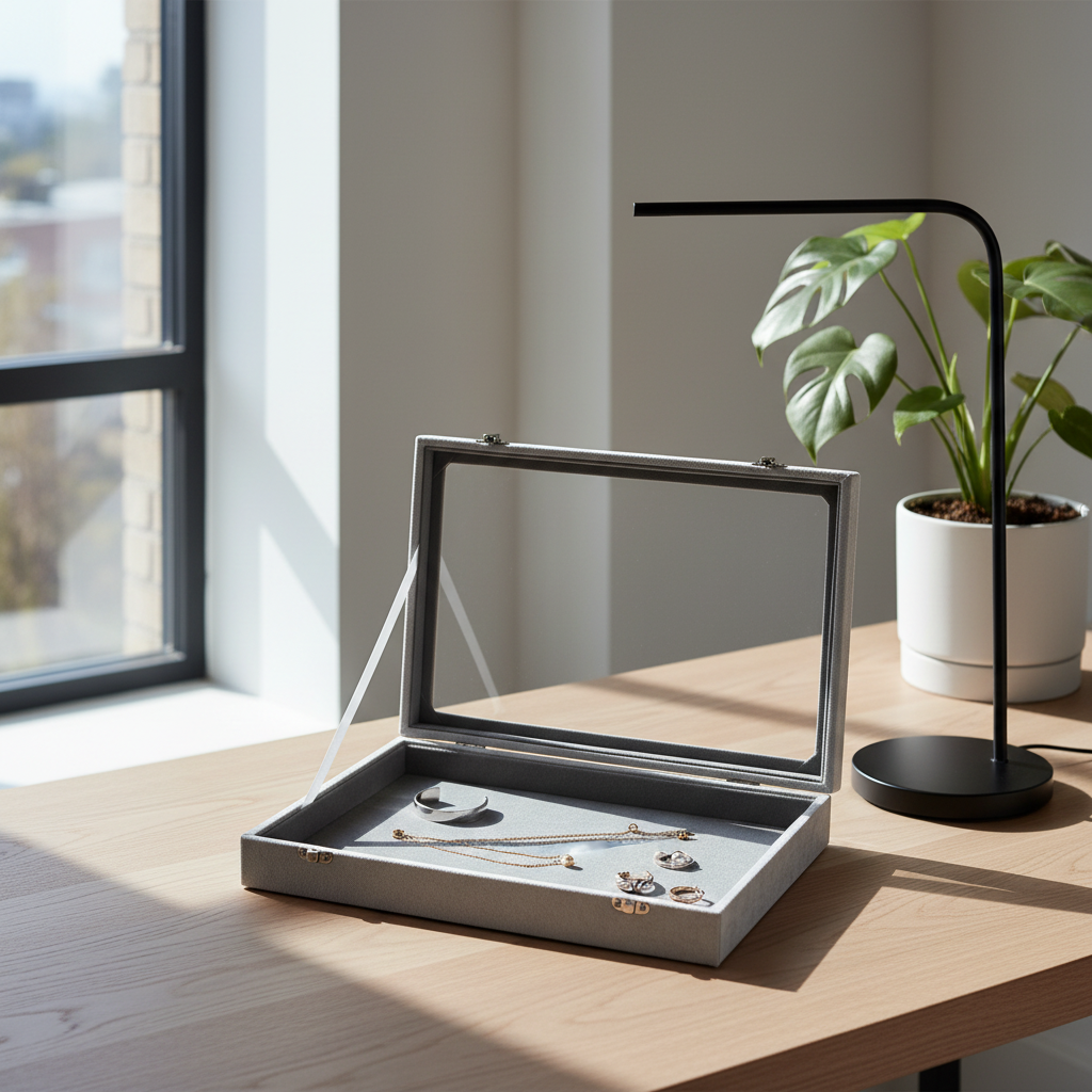 Geöffnete hellgraue Schmuckbox mit Schmuck - ohne Fächer