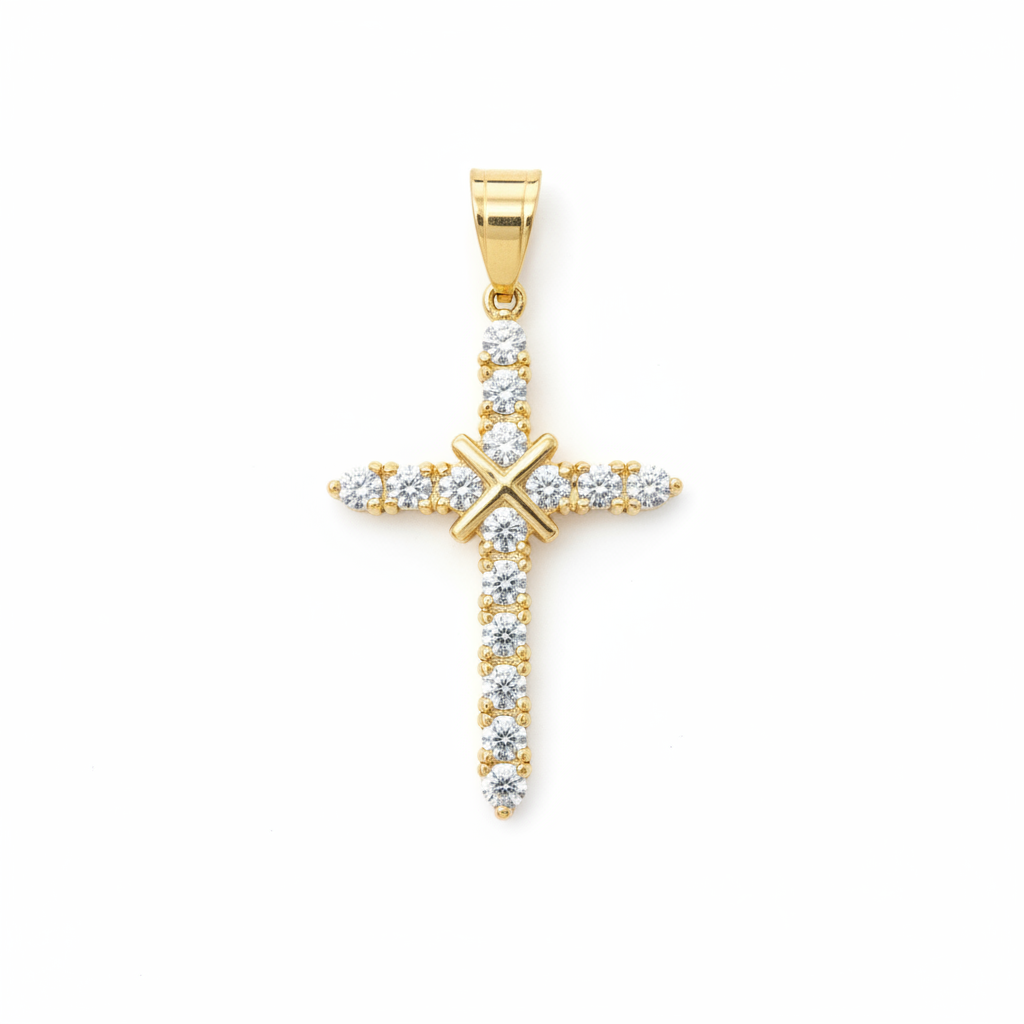 Gold Iced Out Kreuz Anhänger Studiofoto DSC08501
