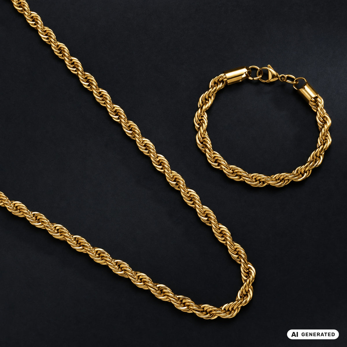 Set - Kette + Armband 7mm Kordelkette Rope Chain aus Edelstahl vergoldet