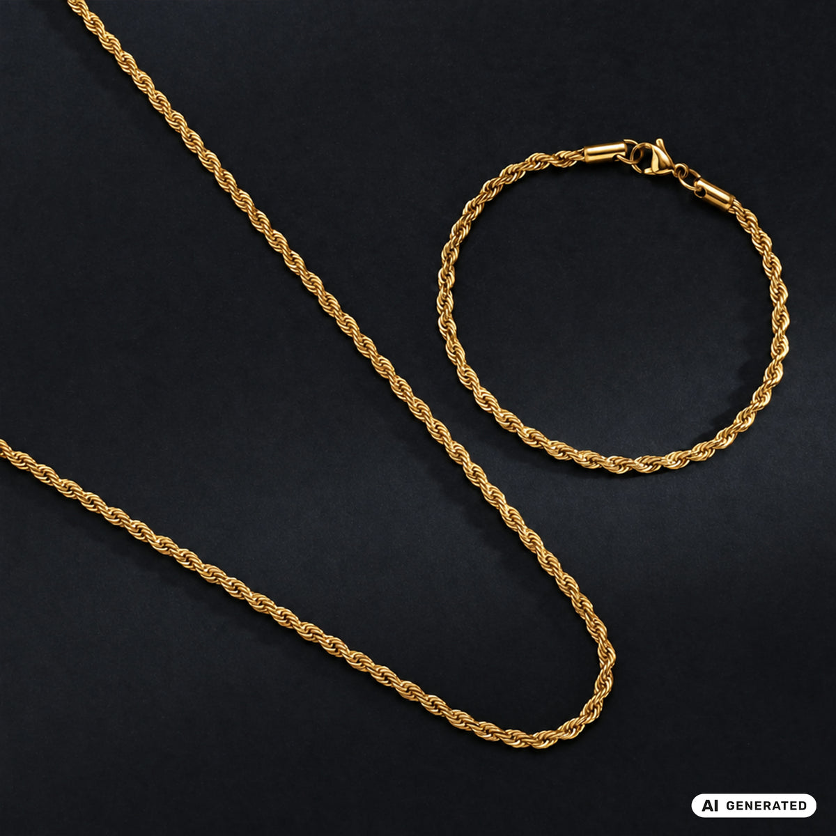 Set - Kette + Armband 3mm Kordelkette Rope Chain aus Edelstahl vergoldet