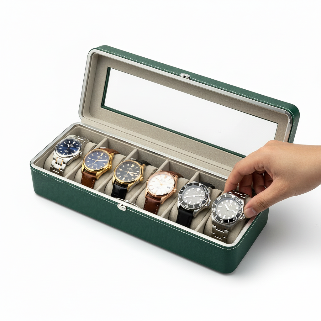 Grüne Uhrenbox mit Uhren - weißer Hintergrund