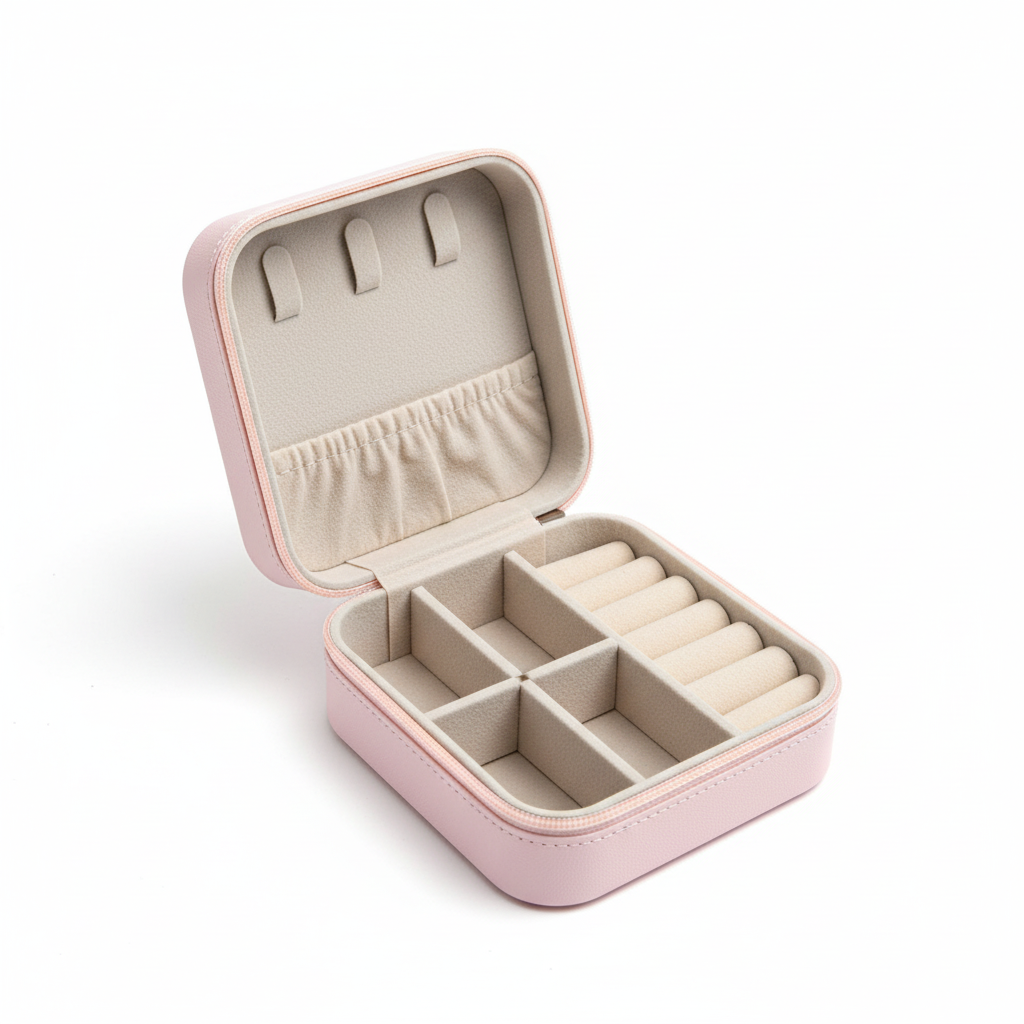 Hellrosa quadratische Schmuckbox geöffnet mit Fächern