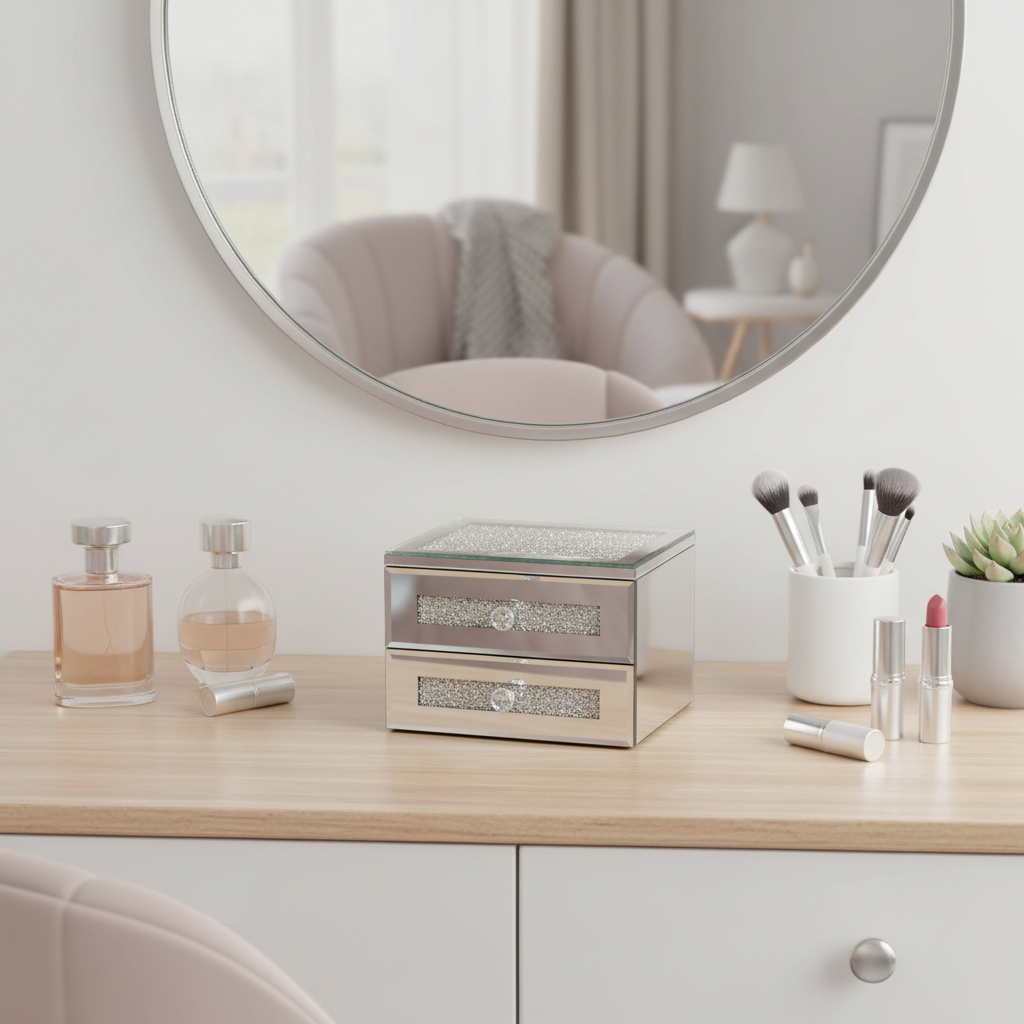 Jewelry box on modern vanity table