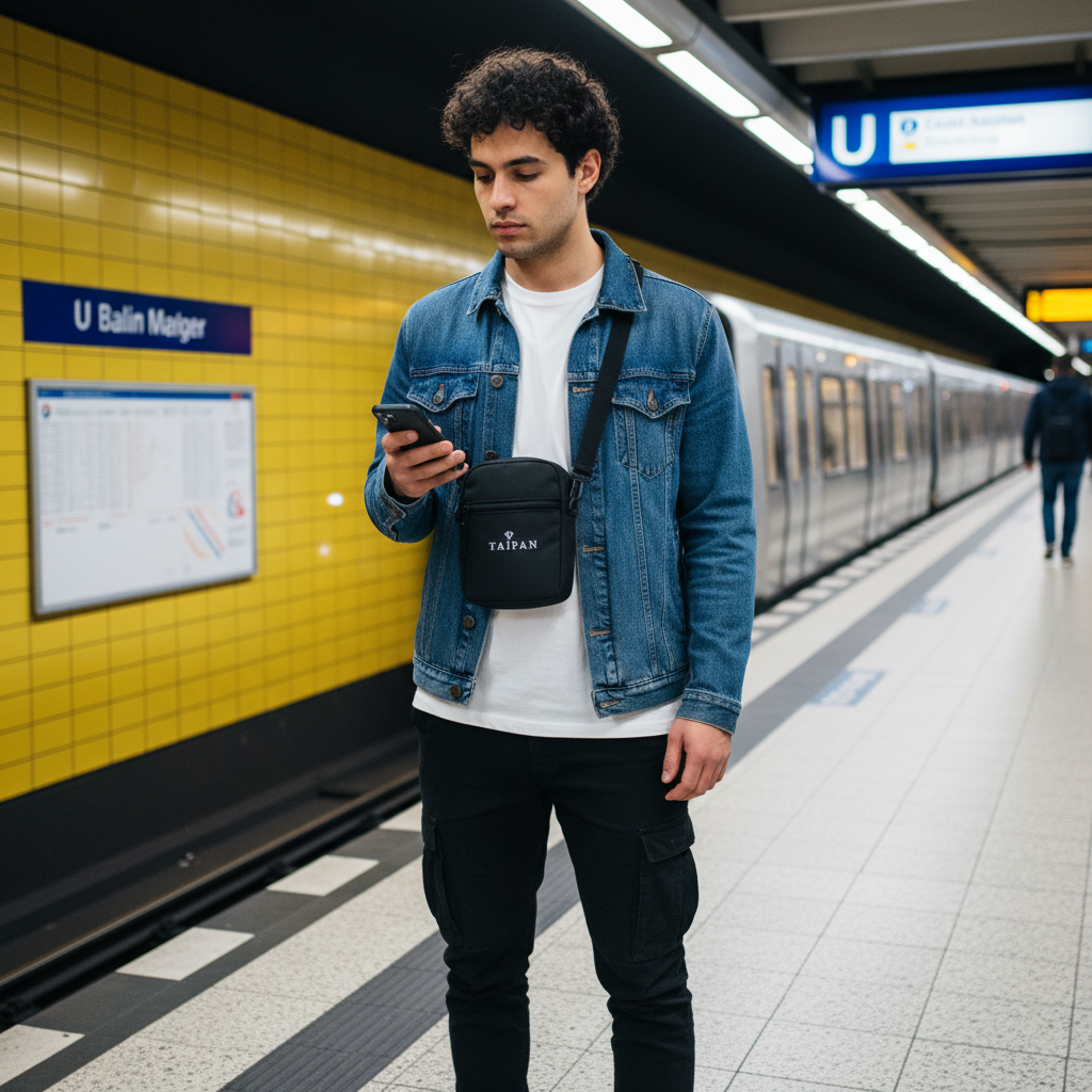 Junger Mann mit kleiner Crossbody Bag in Berliner U-Bahn-Station ohne rotes Schild