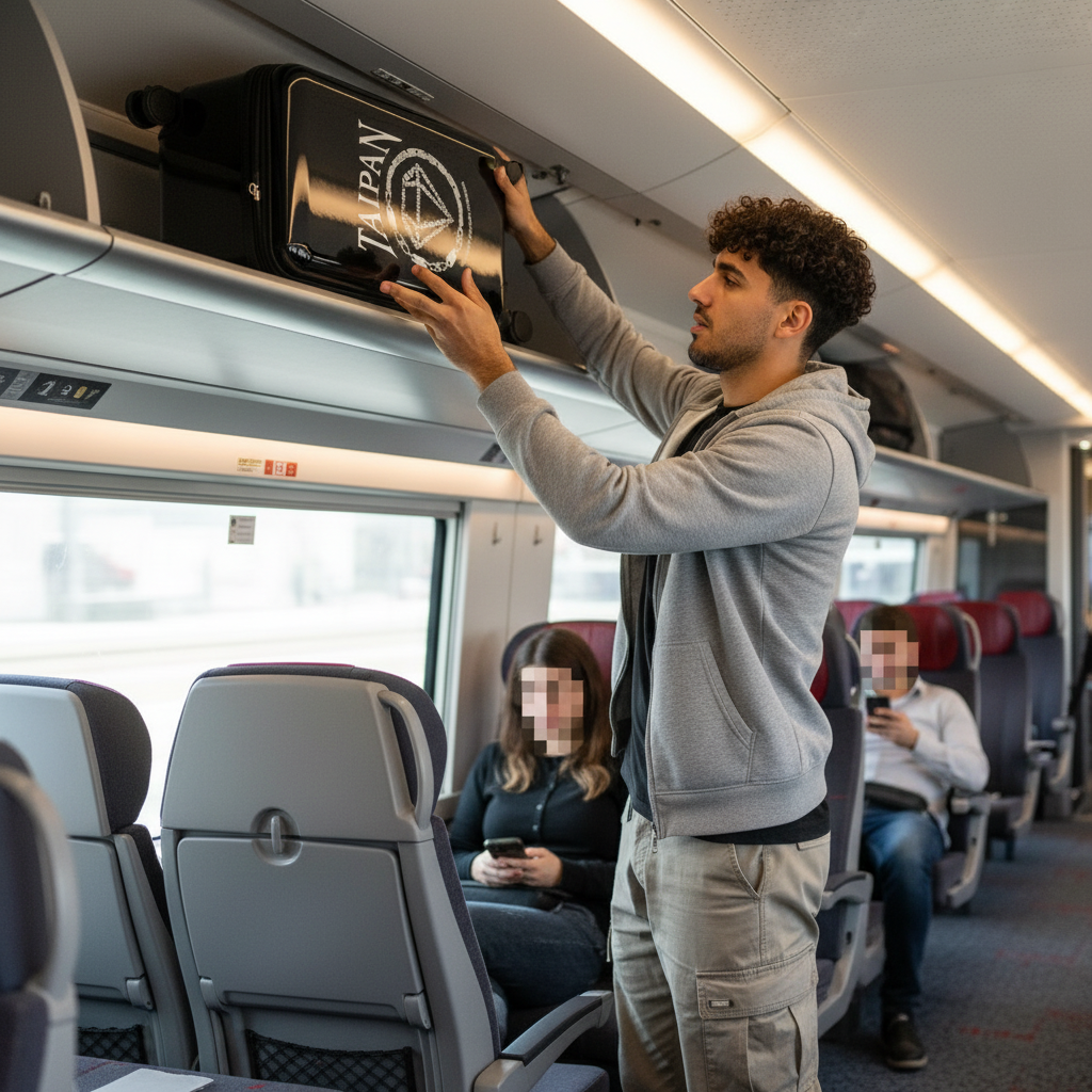 Junger Mann mit lockigen Haaren legt Koffer ins ICE Gepäckfach