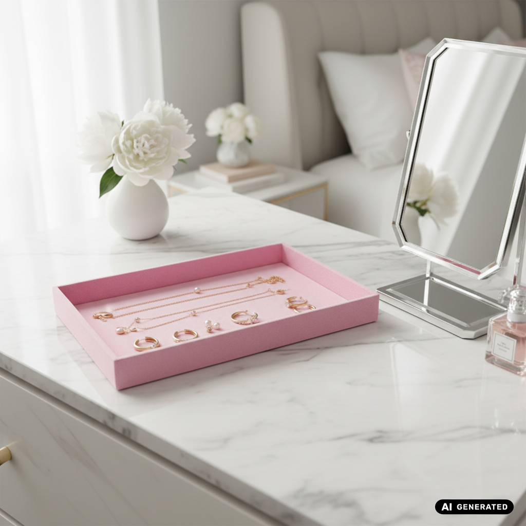Lifestyle-Bild der pinkfarbenen Schmucklade auf einem Schminktisch