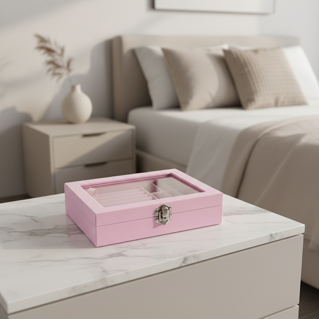 Lifestyle-Bild: Rosa Schmuckbox in modernem Haushalt