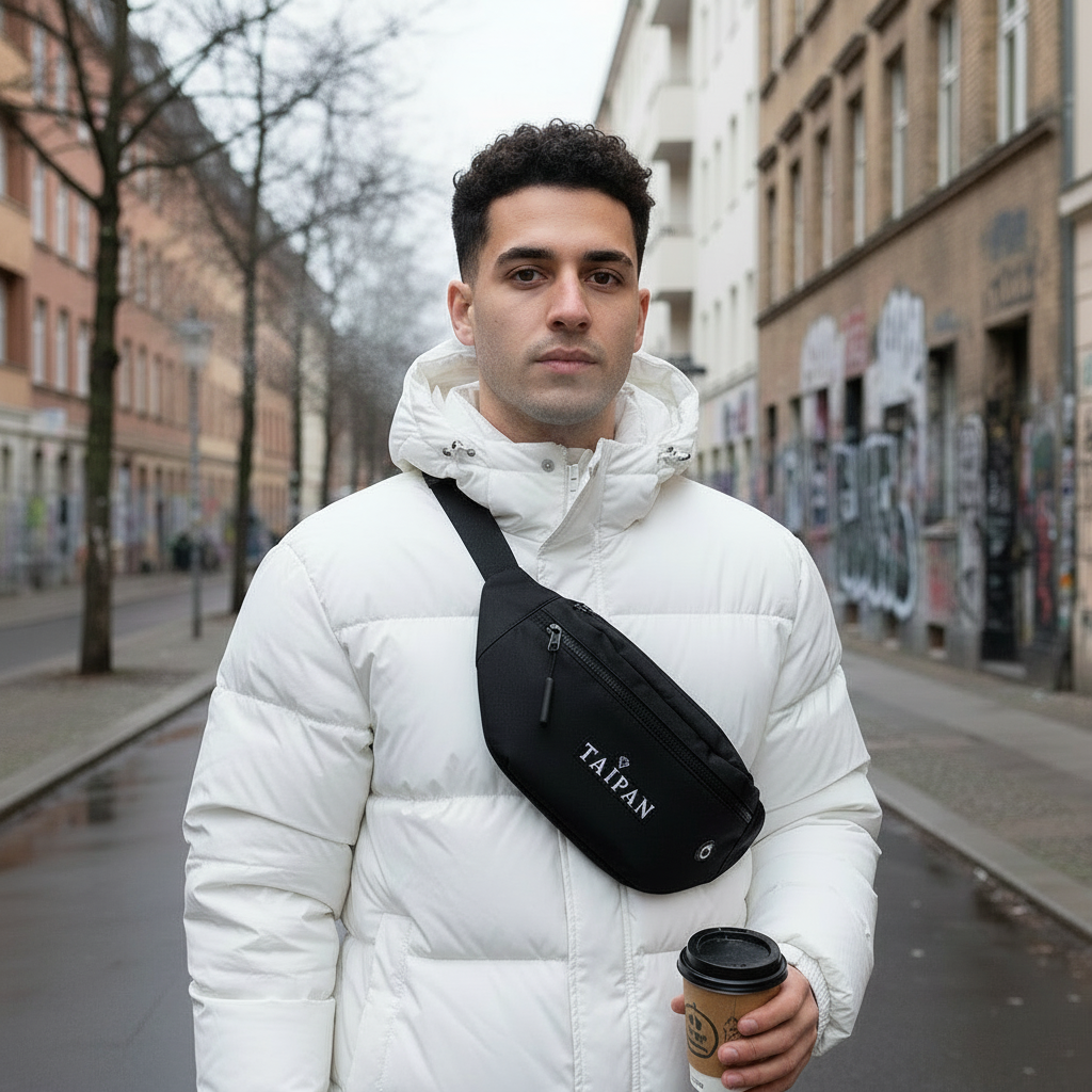 Model mit langer Crossbody Bag in weißer Daunenjacke ohne Logo in Kreuzberg