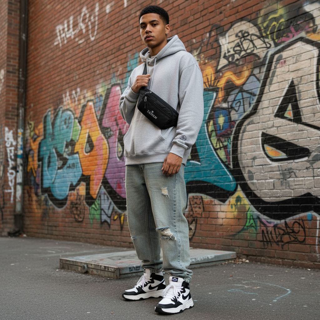 Model mit schwarzer Crossbody Bag im Streetwear-Look