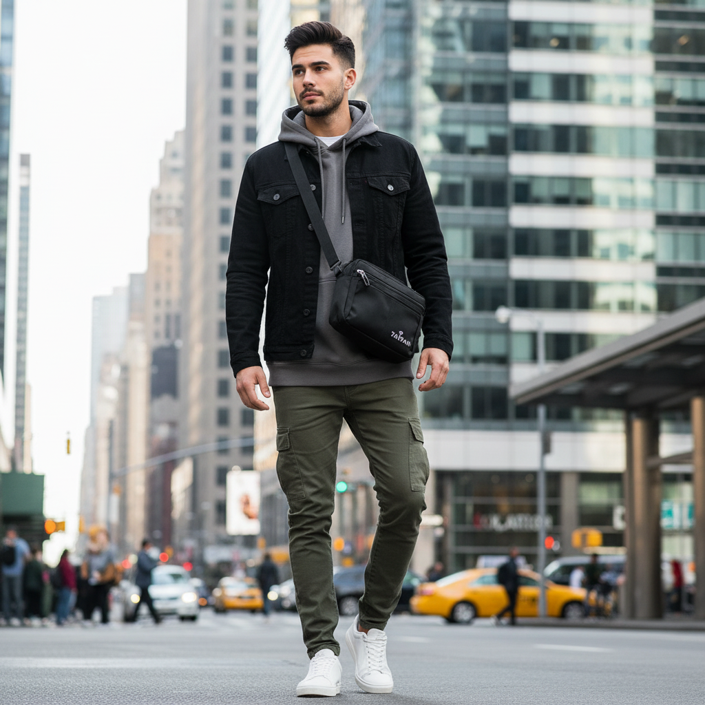 Model mit schwarzer Crossbody Bag im urbanen Großstadt-Umfeld