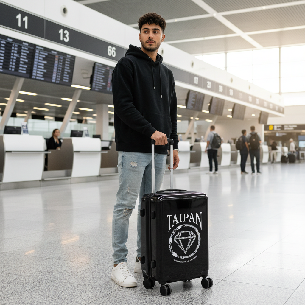 Person am Flughafen Check-in - Seitenansicht Koffer