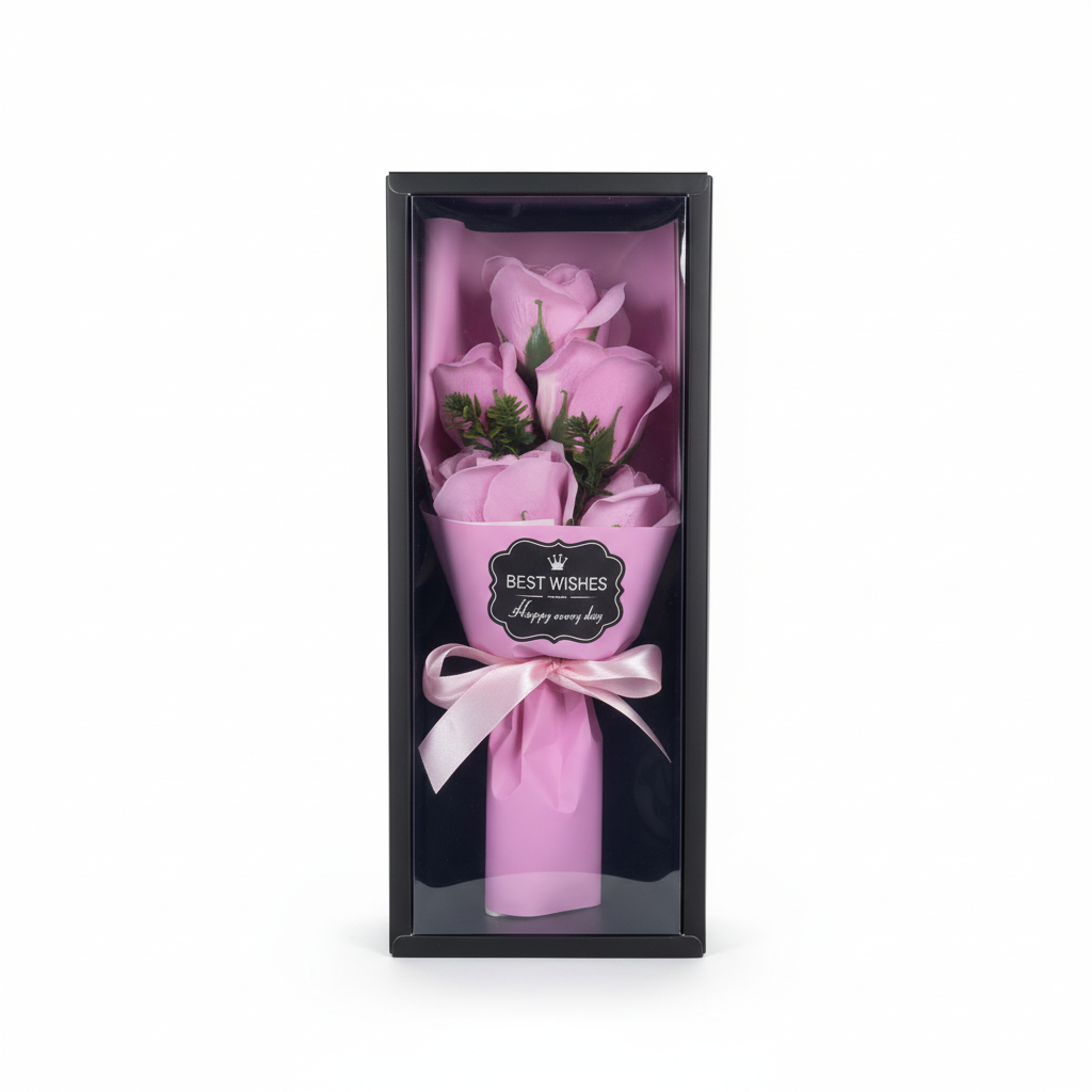 Professional studio product photo of lavender rose bouquet in black gift box