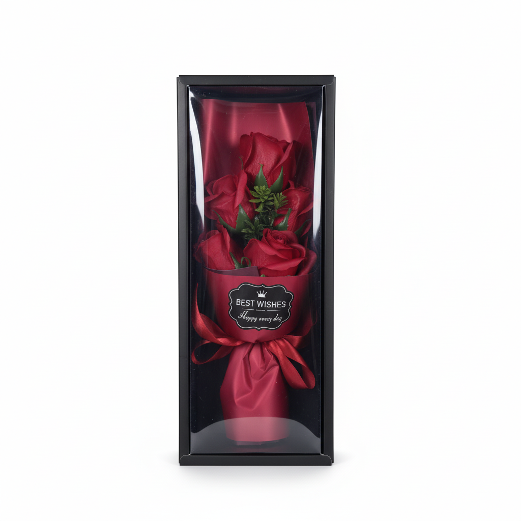 Professional studio product photo of red rose bouquet in black gift box