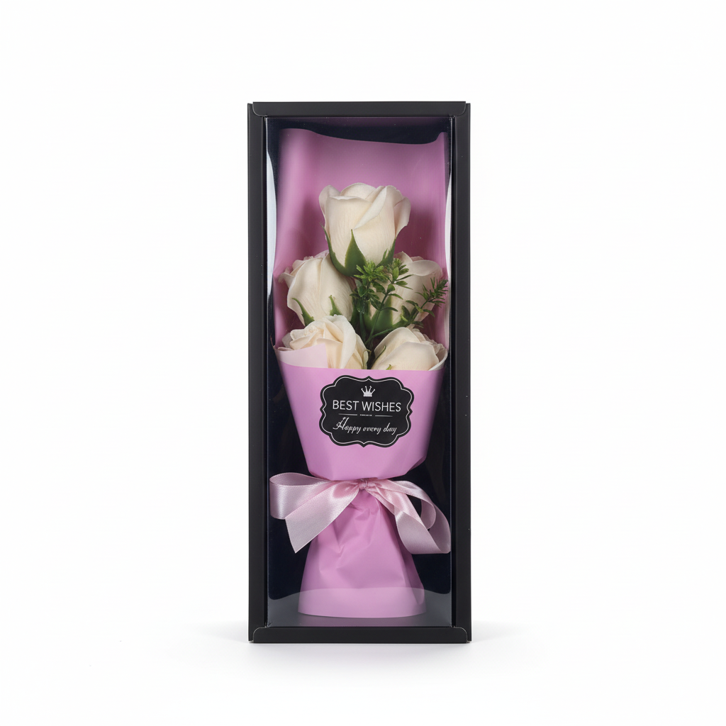 Professional studio product photo of white rose bouquet in black gift box