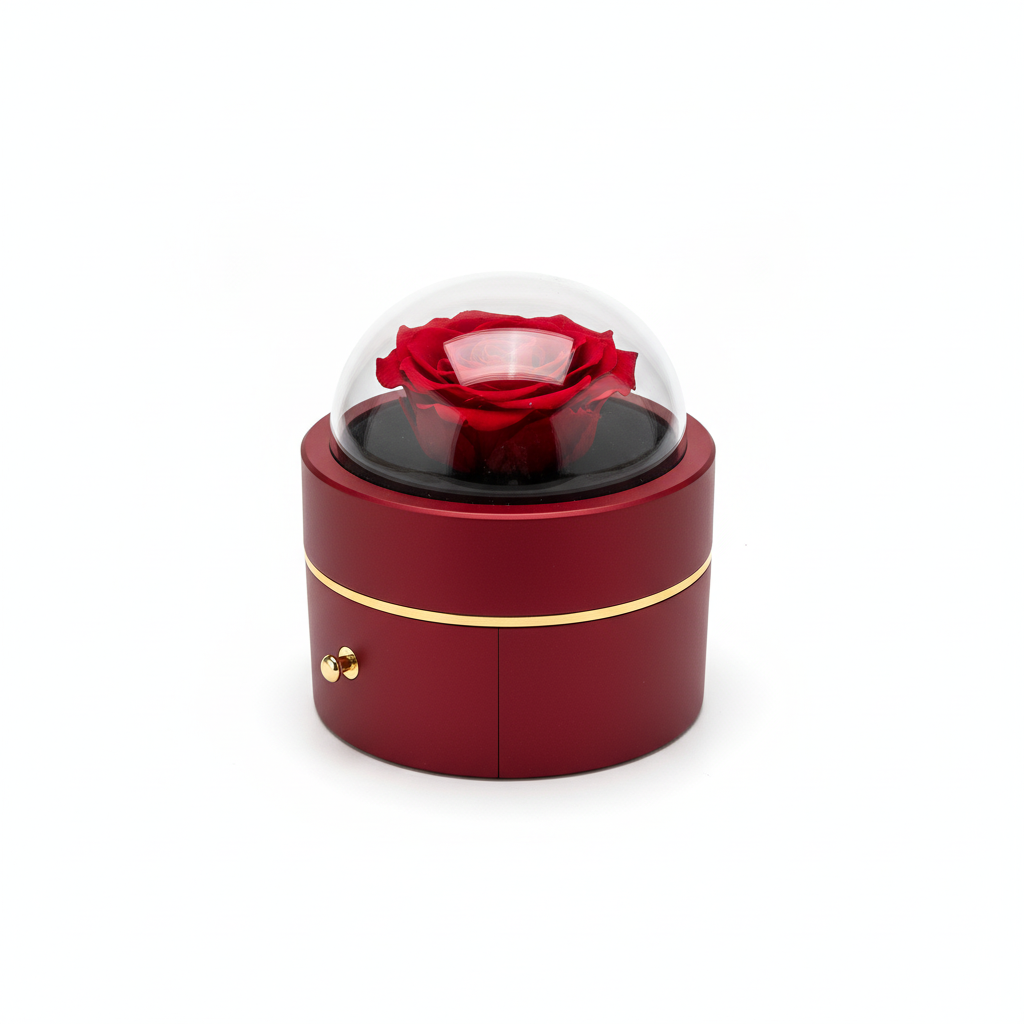 Professionelles Produktbild der roten Schmuckbox mit Glaskuppel und roter Rose