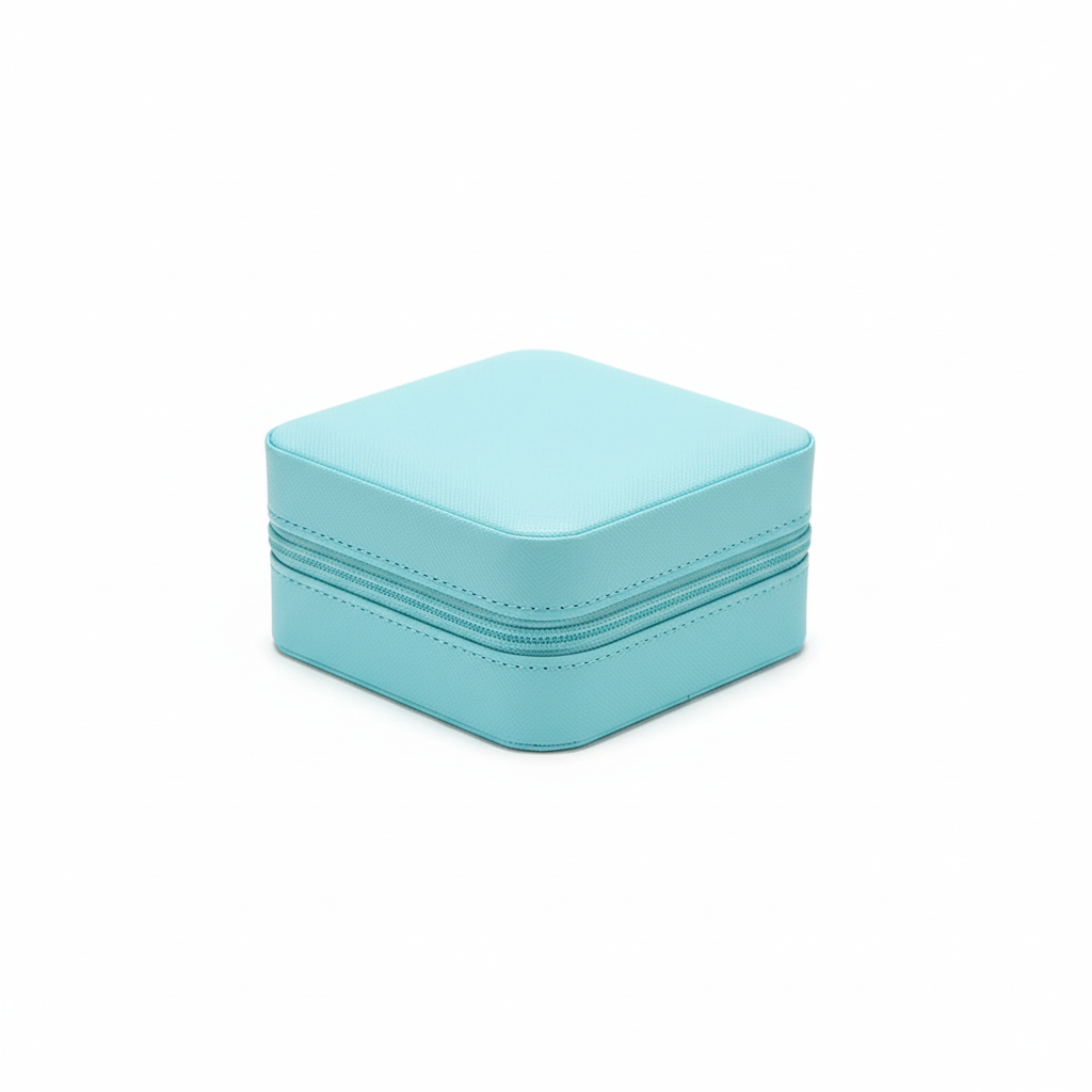 Professionelles Produktbild der türkisblauen quadratischen Schmuckverpackung