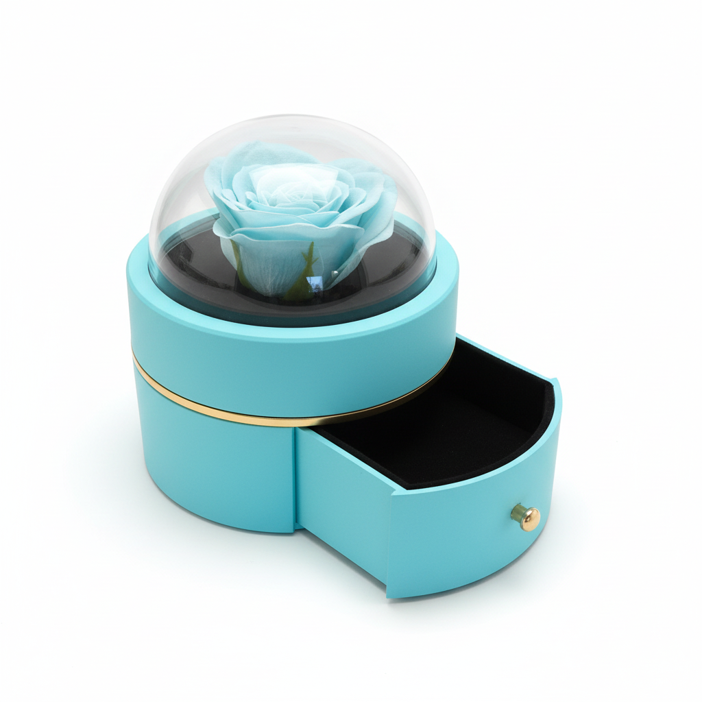 Professionelles Produktbild der türkisblauen Schmuckbox mit Glaskuppel, Rose und Schublade