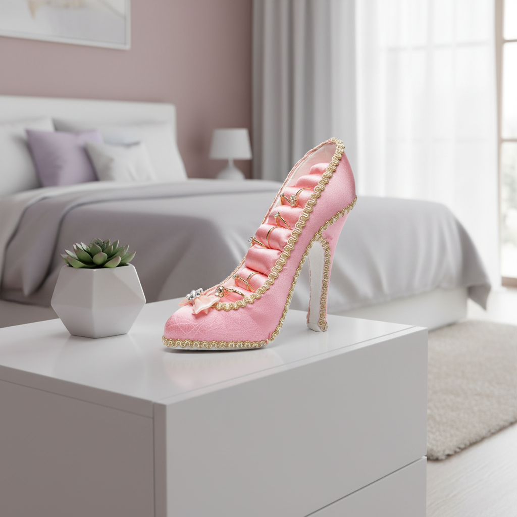 Rosa High Heel Schmuckorganizer in modernem Zimmer mit Schmuck
