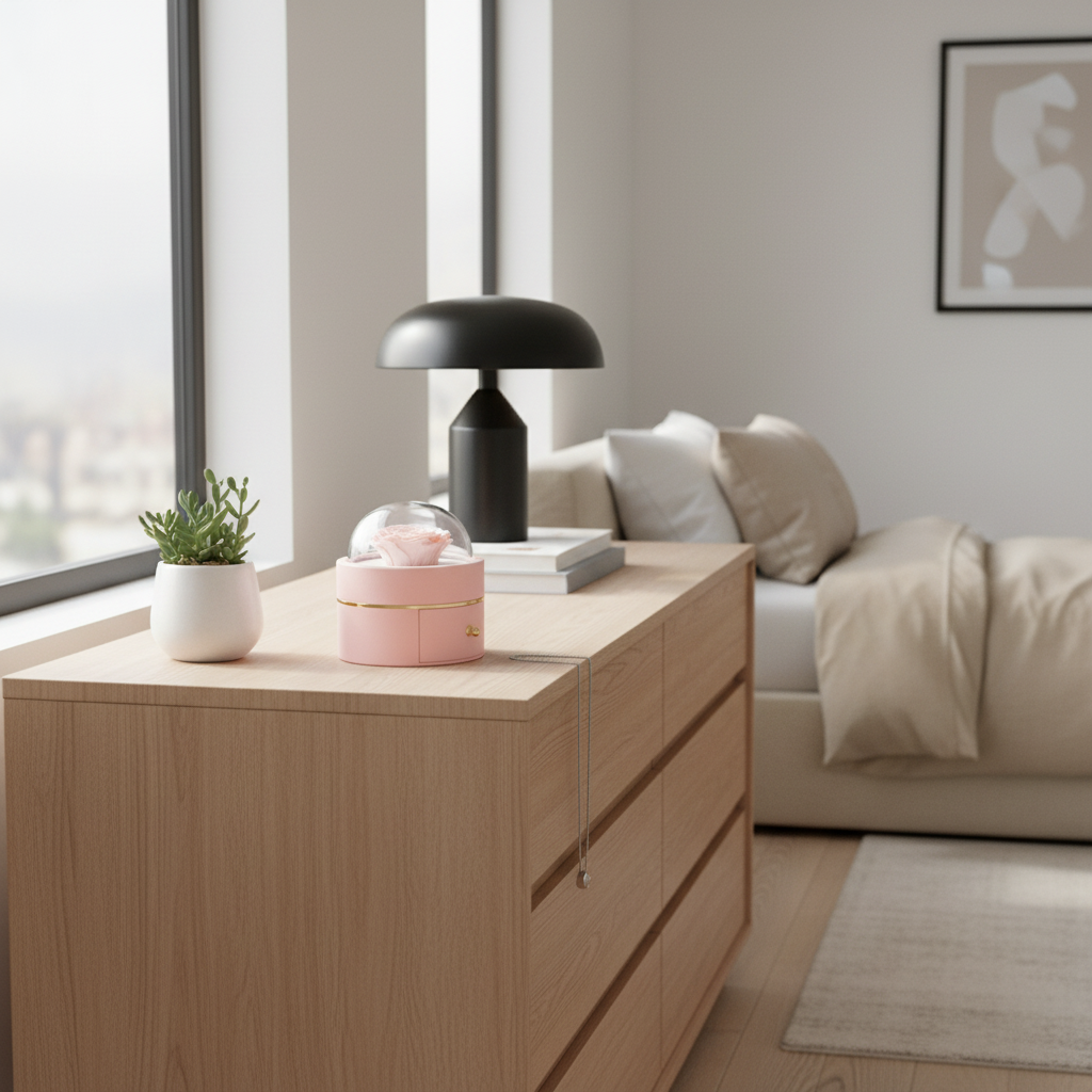 Rosa Schmuckbox mit Glaskuppel im modernen Frauenzimmer