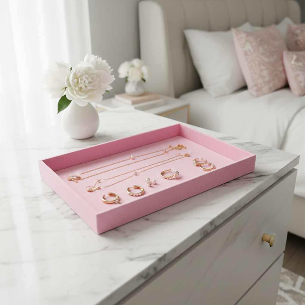 Rosa Schmucktablett im modernen Zimmer