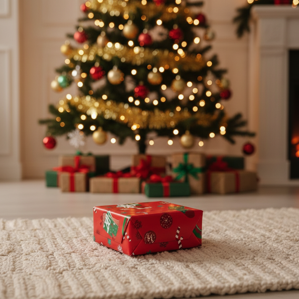 Rote Geschenkverpackung im Vordergrund unter dem Weihnachtsbaum