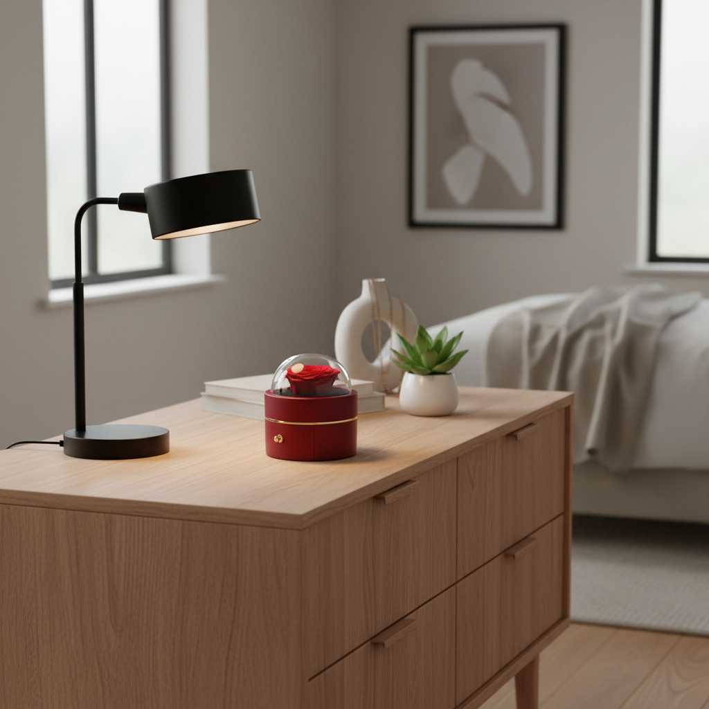 Rote Schmuckbox mit Glaskuppel im modernen Frauenzimmer