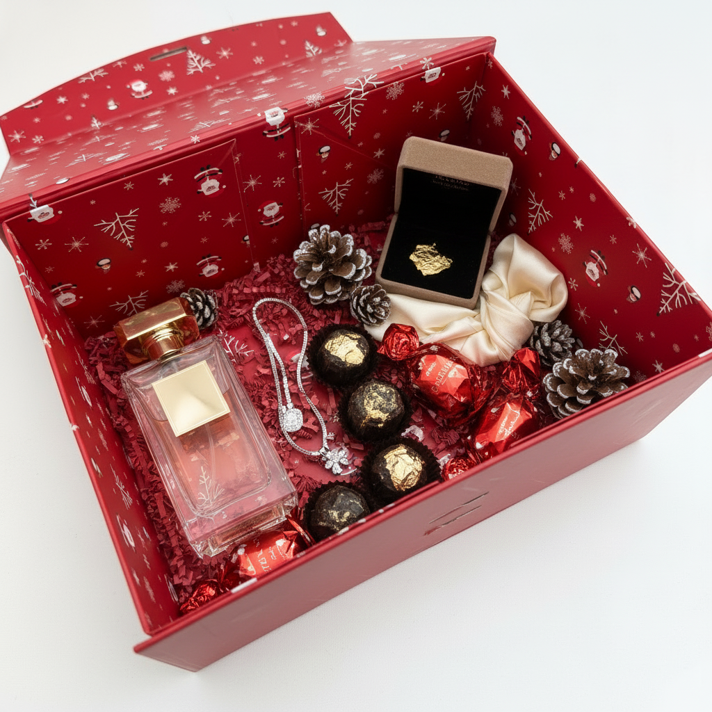 Rote Weihnachtsbox gefüllt mit Parfüm, Schmuck und Geschenken