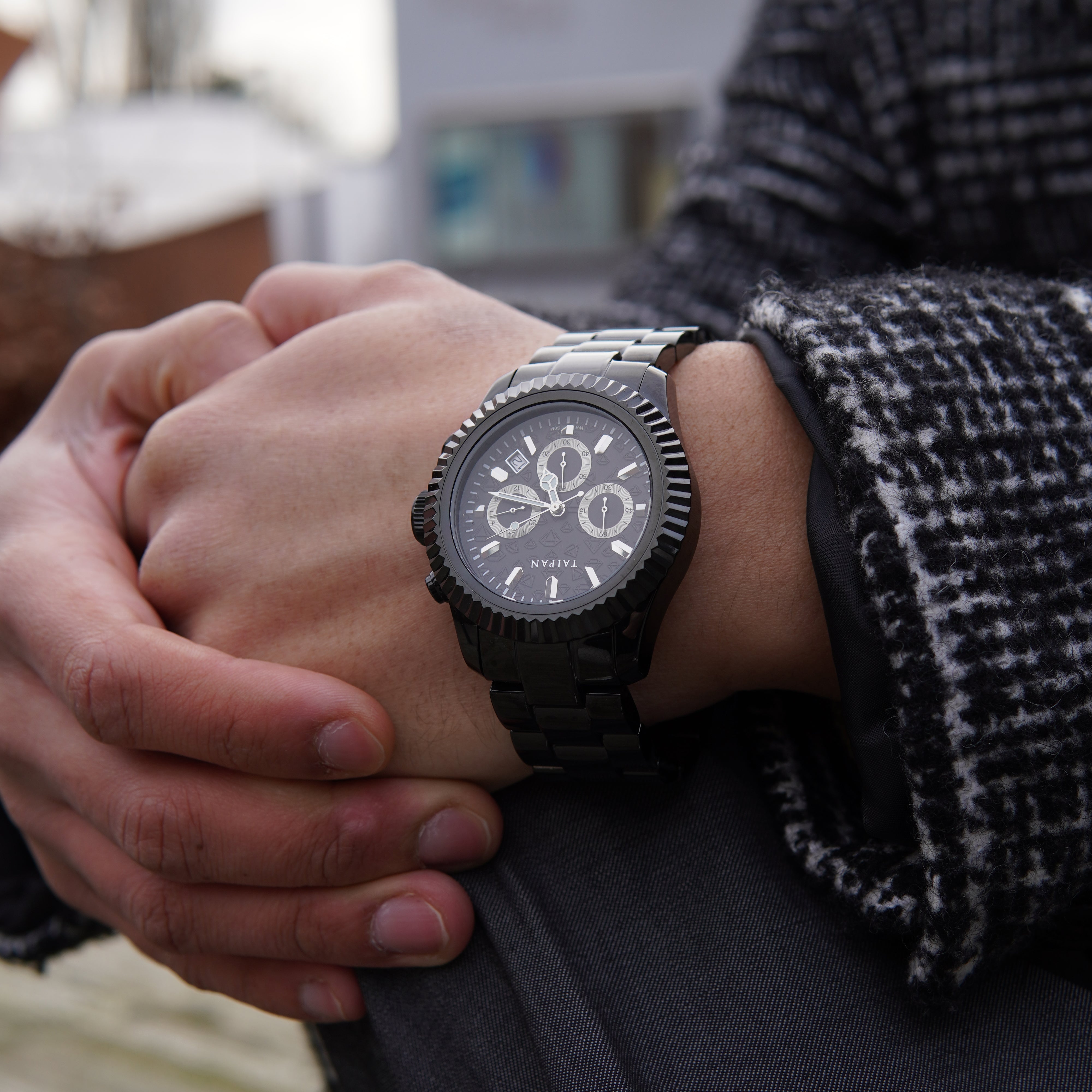 Armbanduhr Chronograph ALL BLACK mit 3 Lünetten iced out, geriffelt, plain - Taipan Schmuck