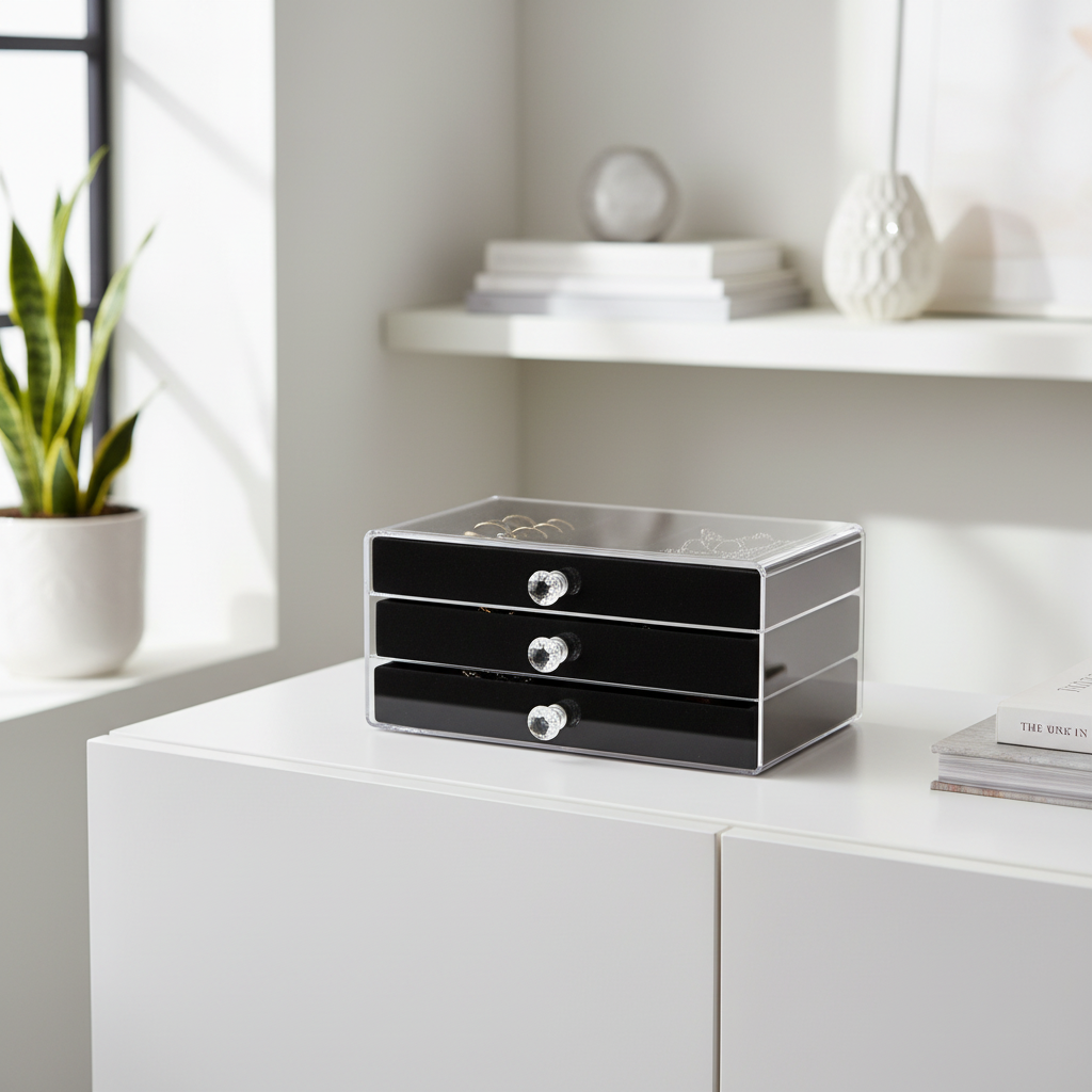 Schwarze Schmuckbox in moderner Wohnung - Lifestyle-Foto