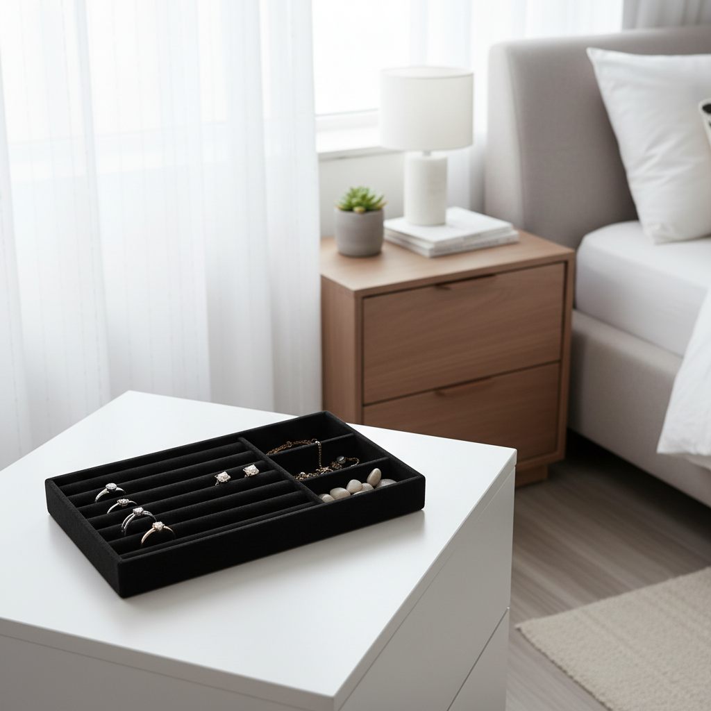 Schwarzer Schmuckorganizer in modernem Zimmer mit Schmuck