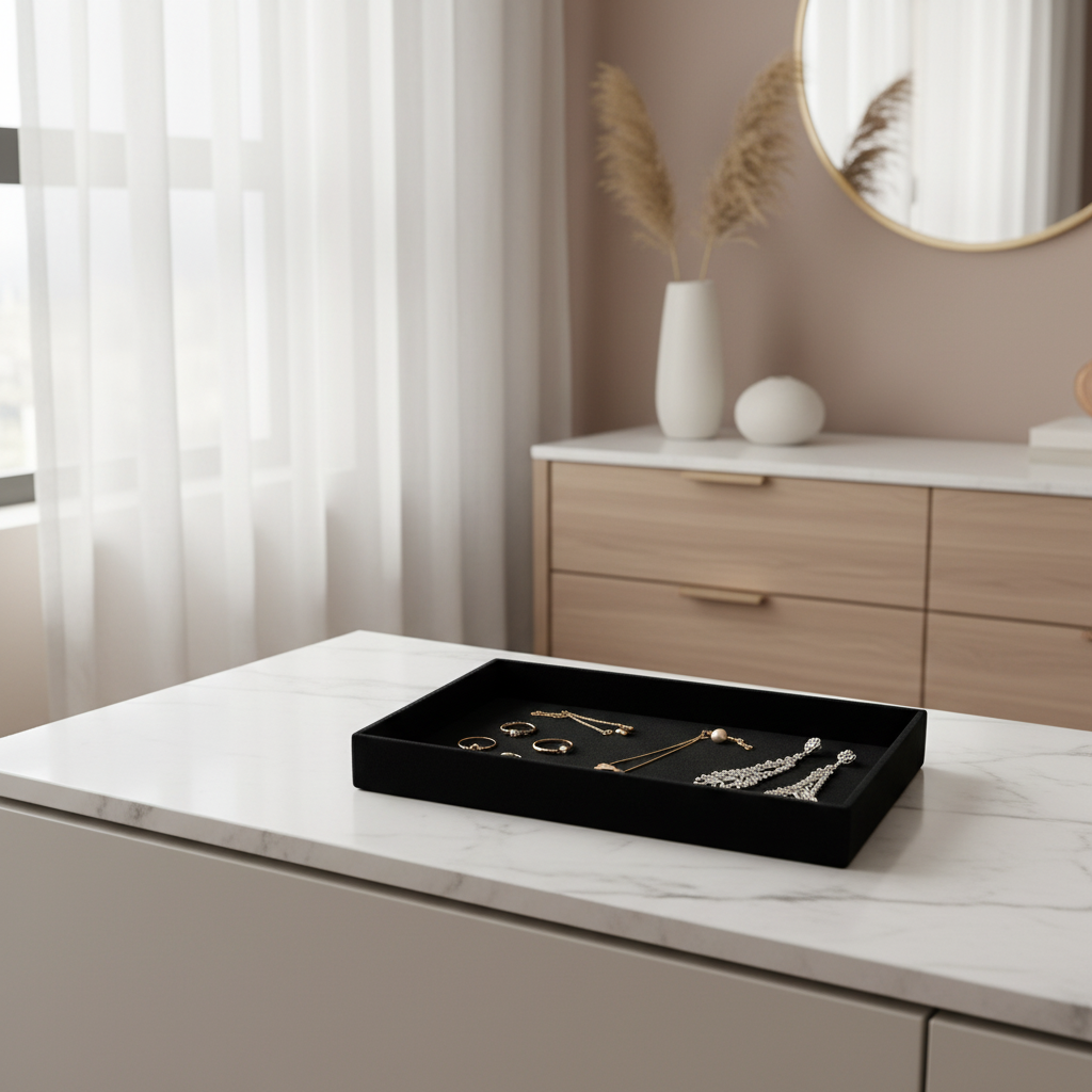 Schwarzes Samt-Tablett in modernem Zimmer mit Schmuck