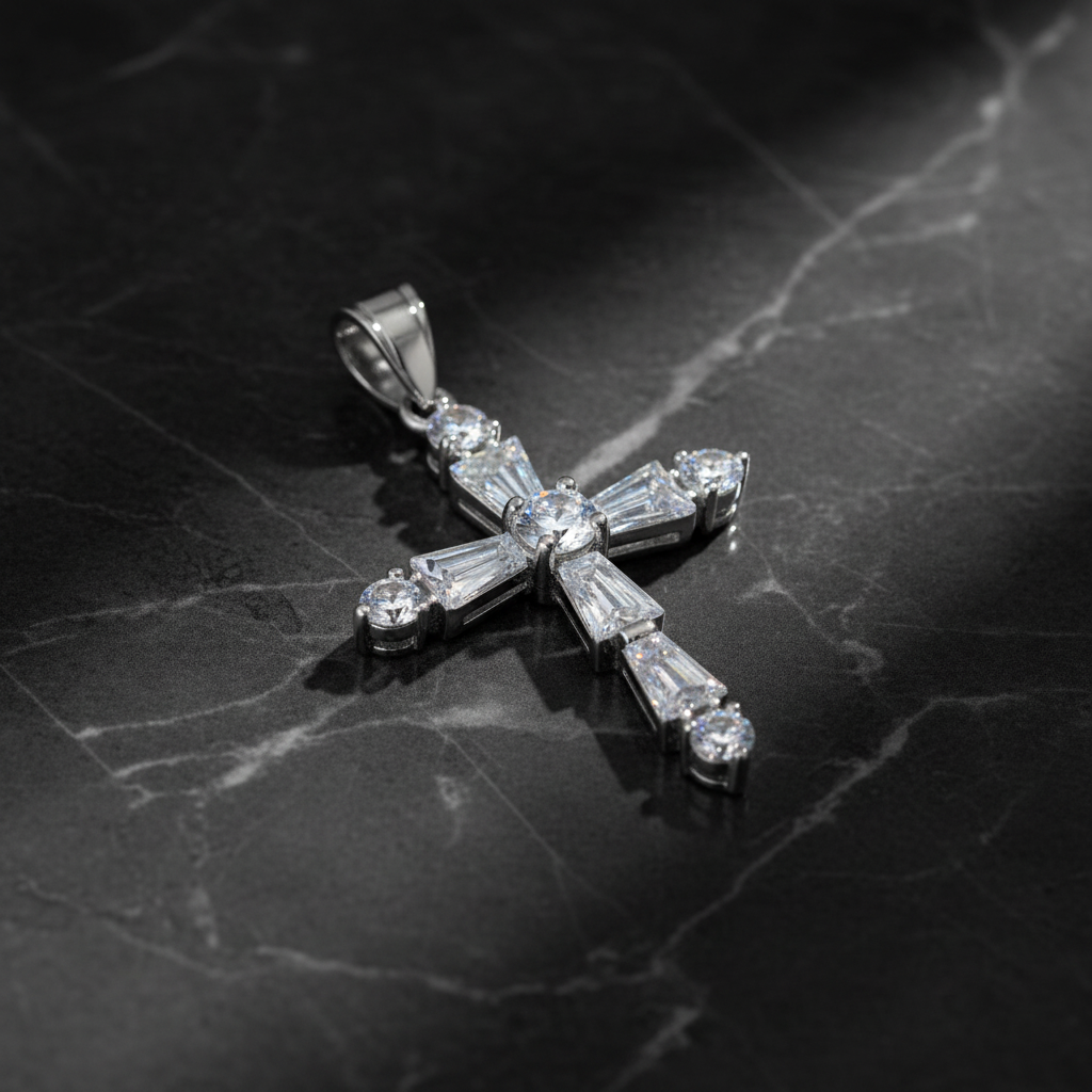 Silber Baguette Kreuz Anhänger – Dunkler Marmor