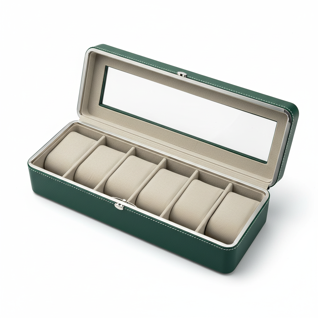 Studio-Produktbild geöffnete grüne Uhrenbox mit dezentem Verschluss