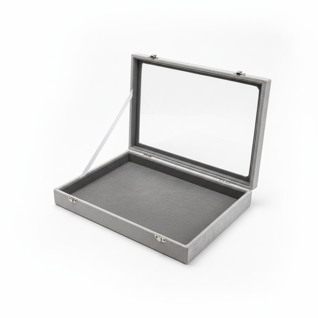 Studio-Produktbild hellgraue Samt-Schmuckbox geöffnet