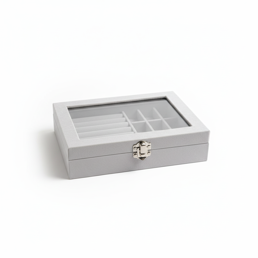 Studio-Produktbild hellgraue Samt-Schmuckbox